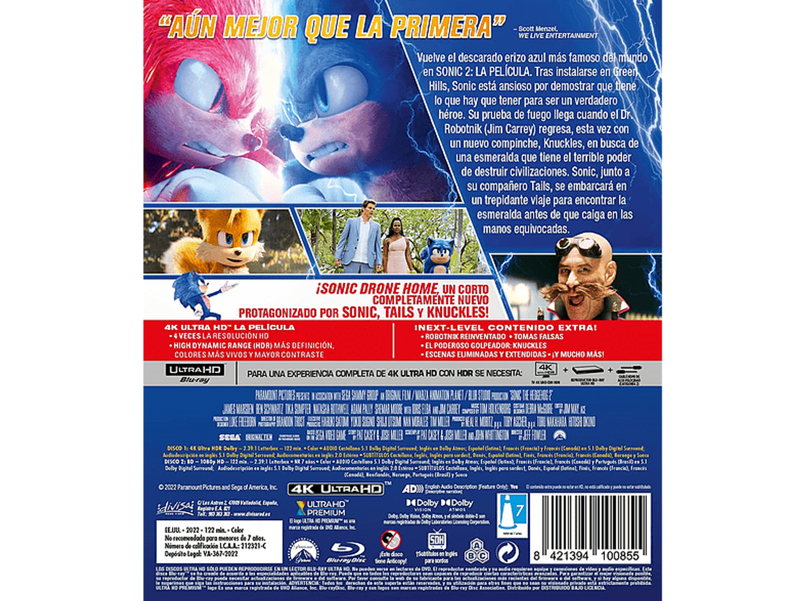 Carcasa de la película Sonic the Hedgehog 2. La parte trasera muestra a Sonic y Tails, con texto e imágenes.