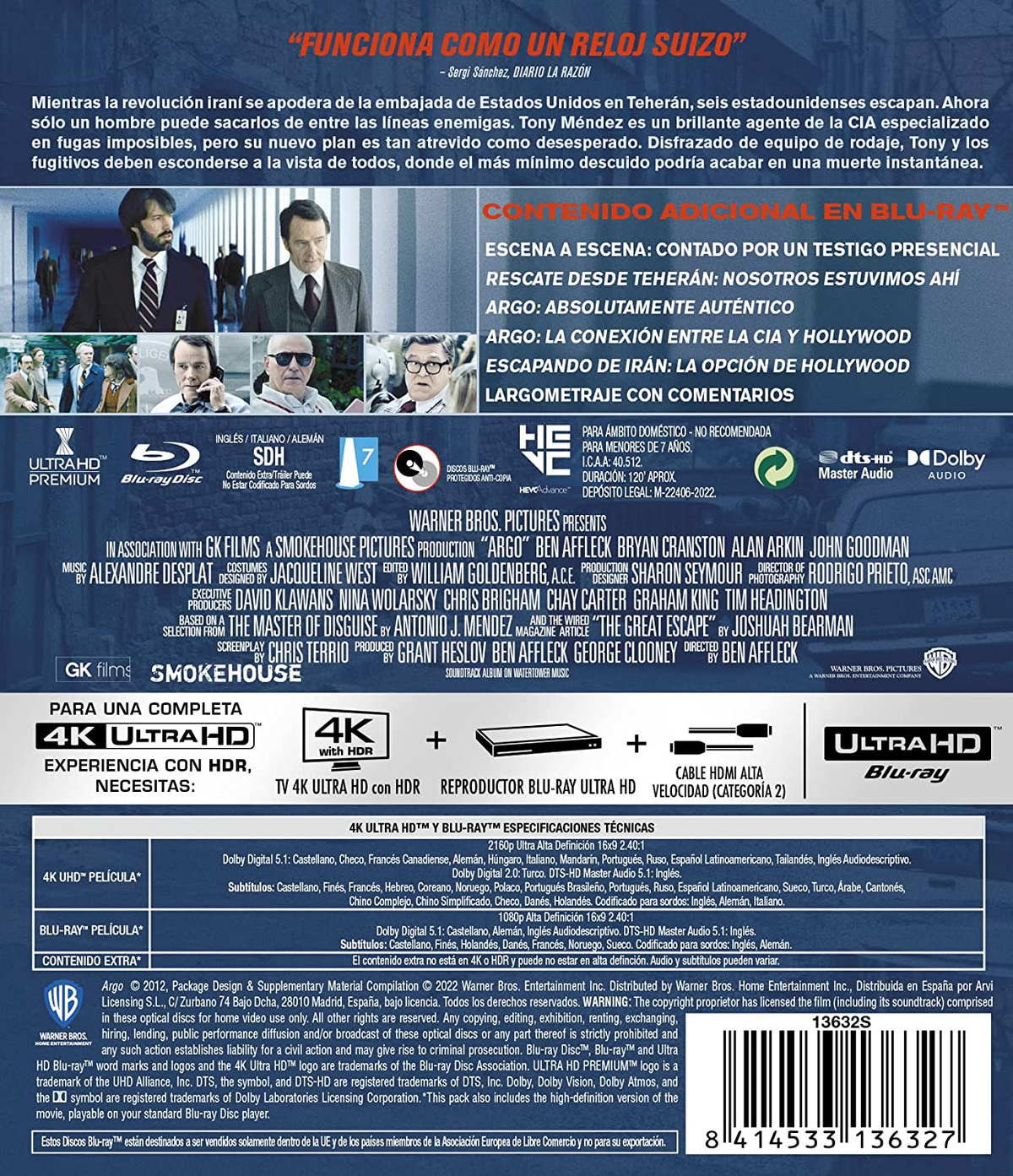La parte trasera de una caja de Blu-ray, con texto e imágenes relacionadas con una película.