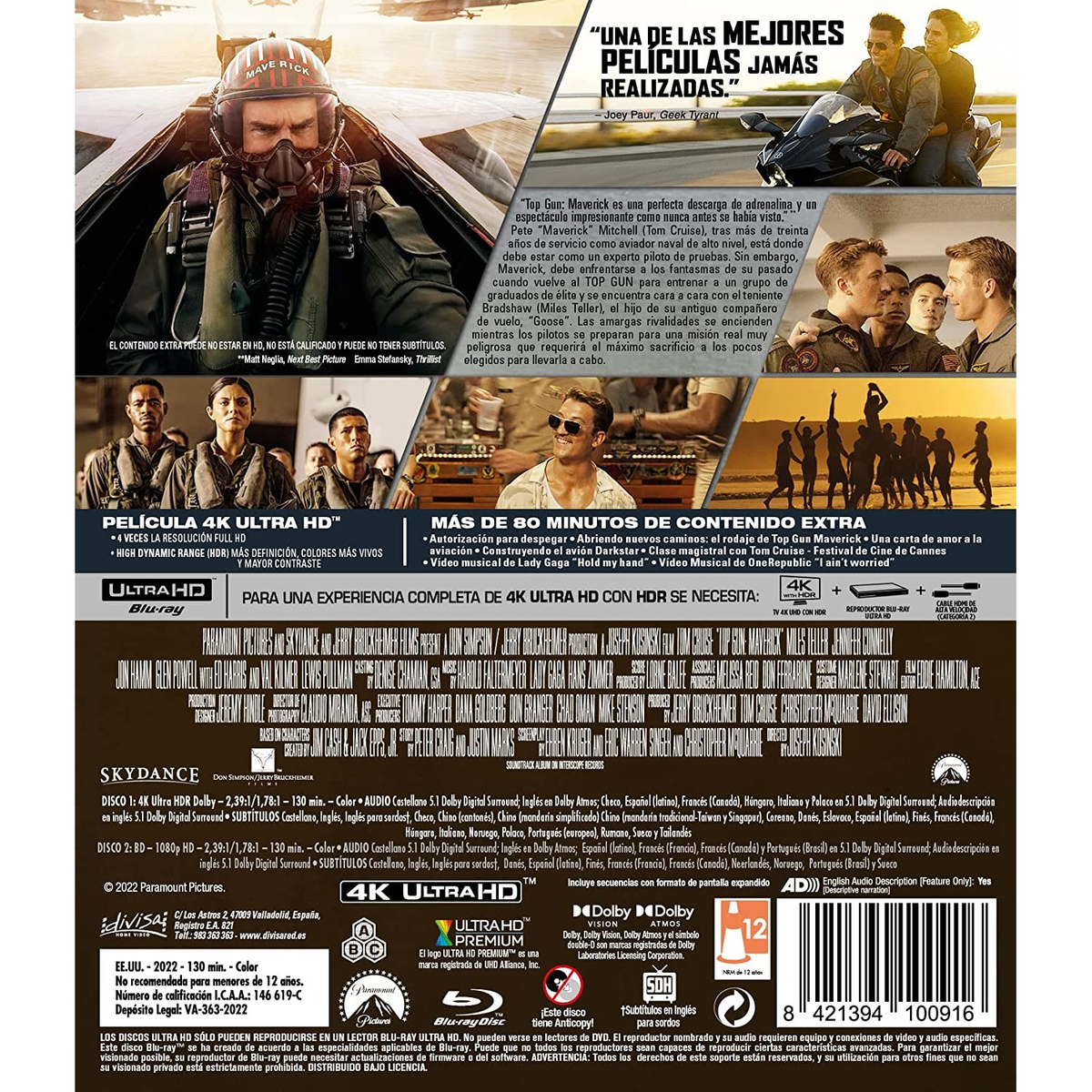 Funda de DVD de Top Gun: Maverick. Tom Cruise con traje de vuelo, avión a reacción, texto. El reverso muestra imágenes de la película.