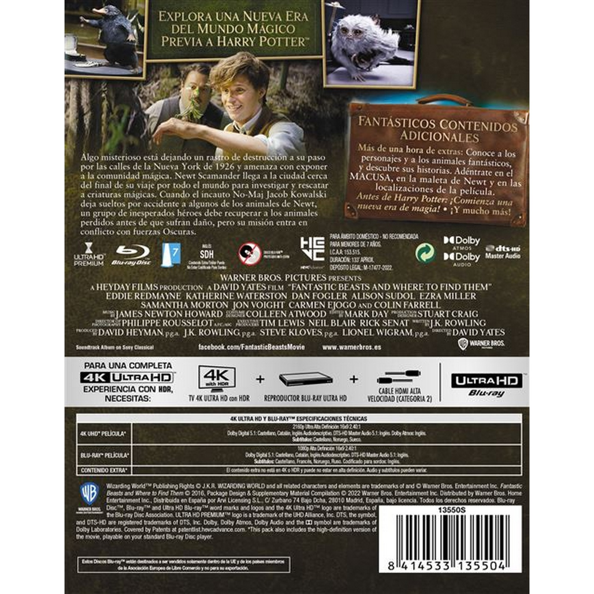 Parte trasera de caja Blu-ray. Texto e imágenes. Un mago con un pájaro sobre fondo oscuro.