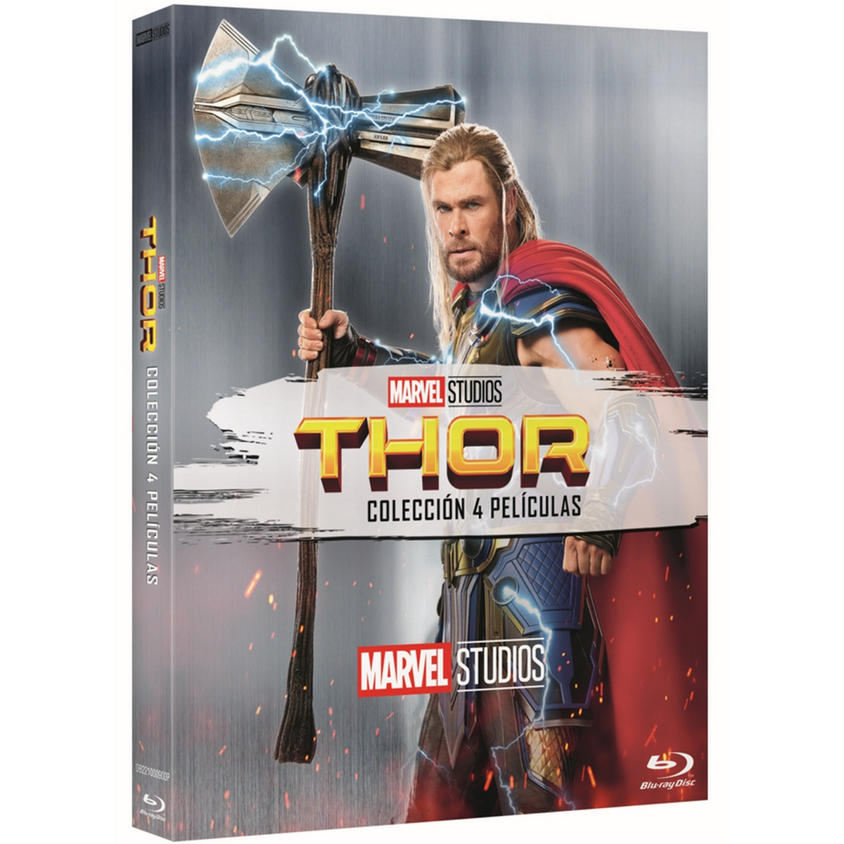Caja de películas de Thor. Thor sostiene un hacha, con una capa roja. Fondo: una imagen en escala de grises de Thor.