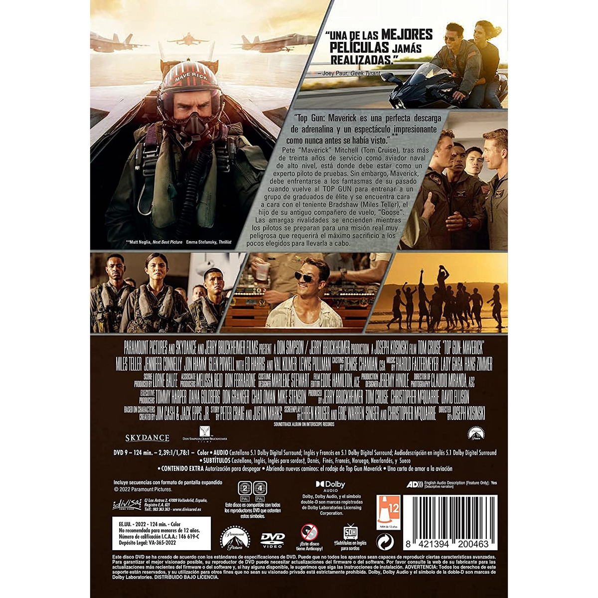 Contraportada del DVD de 'Top Gun: Maverick', con actores, texto e imágenes.
