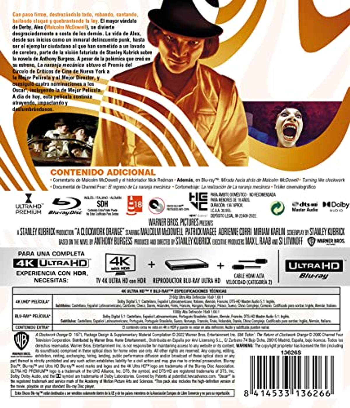Contraportada de DVD de la película, La naranja mecánica, con texto e imágenes. Contiene información sobre la película.