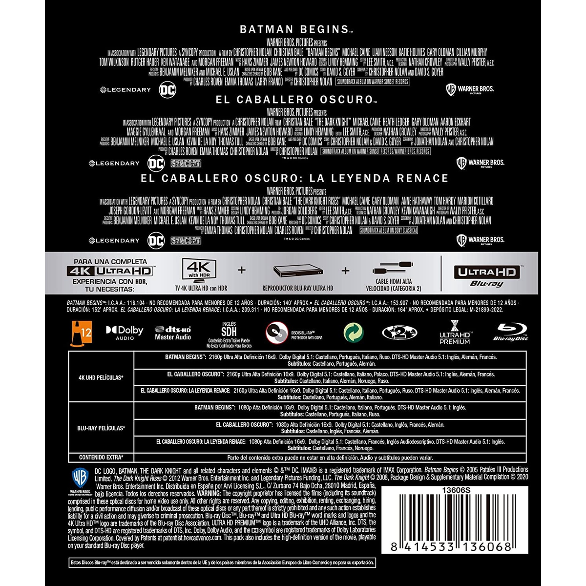Portada de DVD de Batman Begins. La portada presenta el logotipo de Batman y detalles de la película. Logos de DC y Warner Bros.