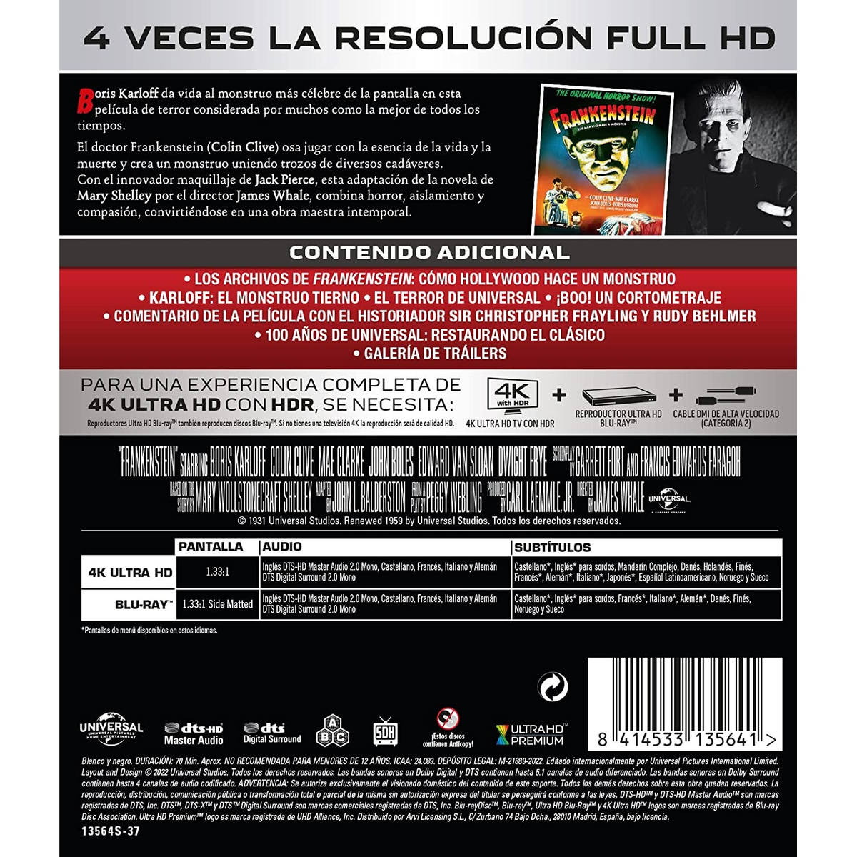 Parte trasera de una caja de disco Blu-ray 4K UHD: detalles y actores de Frankenstein.