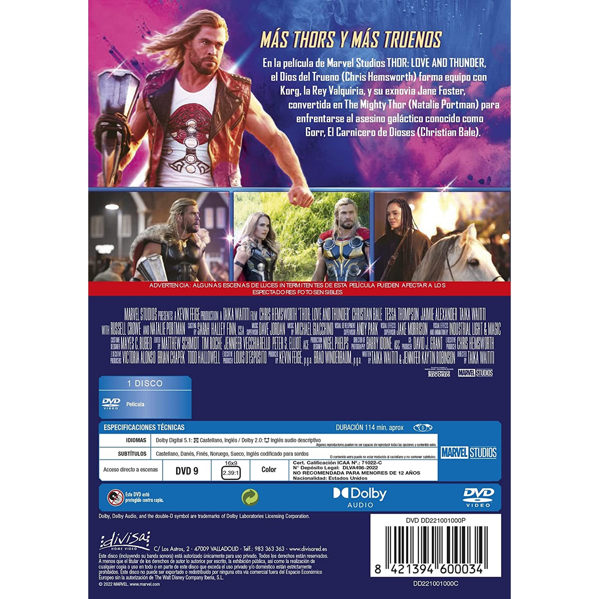 Caja de DVD con la contraportada que muestra texto e imágenes de una película con Thor.