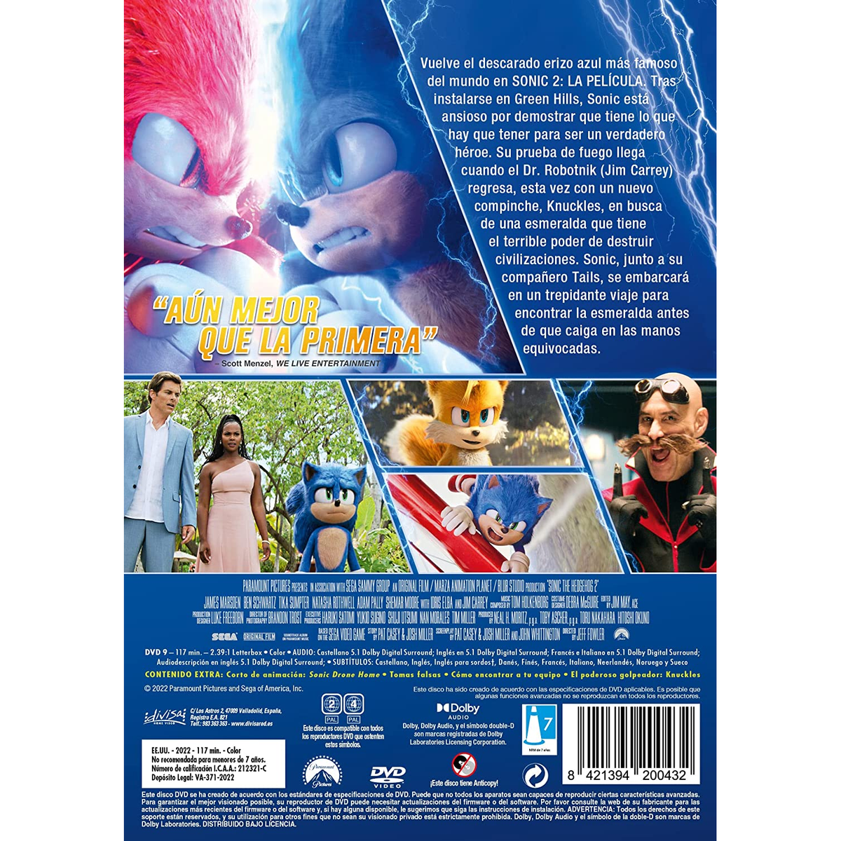 Contraportada de la caja de DVD de 'Sonic the Hedgehog 2' con personajes y texto.