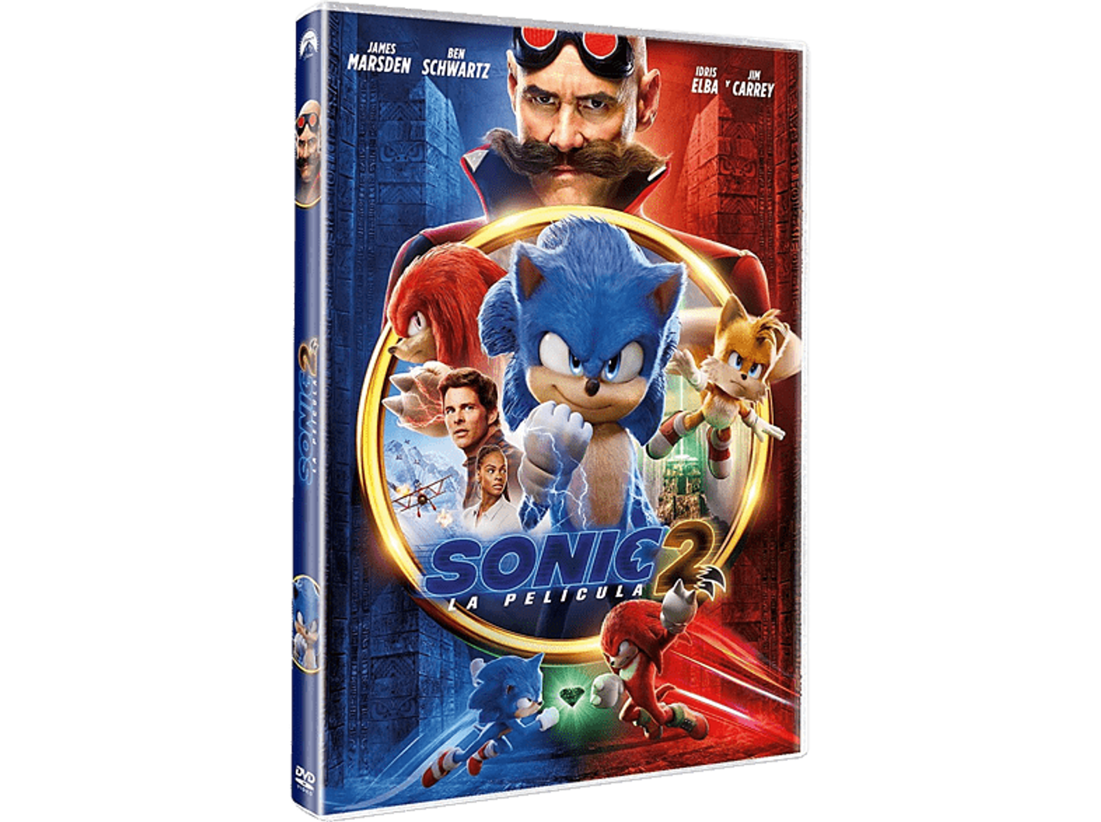 Portada de la película: Sonic the Hedgehog 2 DVD. Cuenta con Sonic, Tails y Dr. Eggman.
