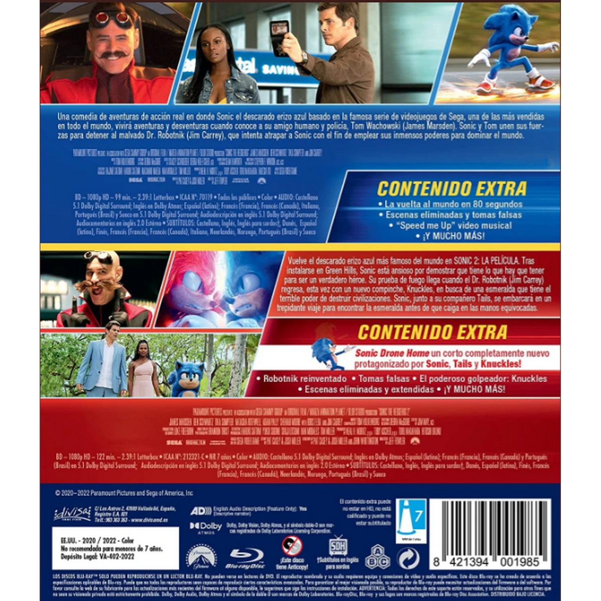 Parte trasera de la caja Blu-ray de Sonic the Hedgehog 2 con texto e imágenes de personajes y escenas.