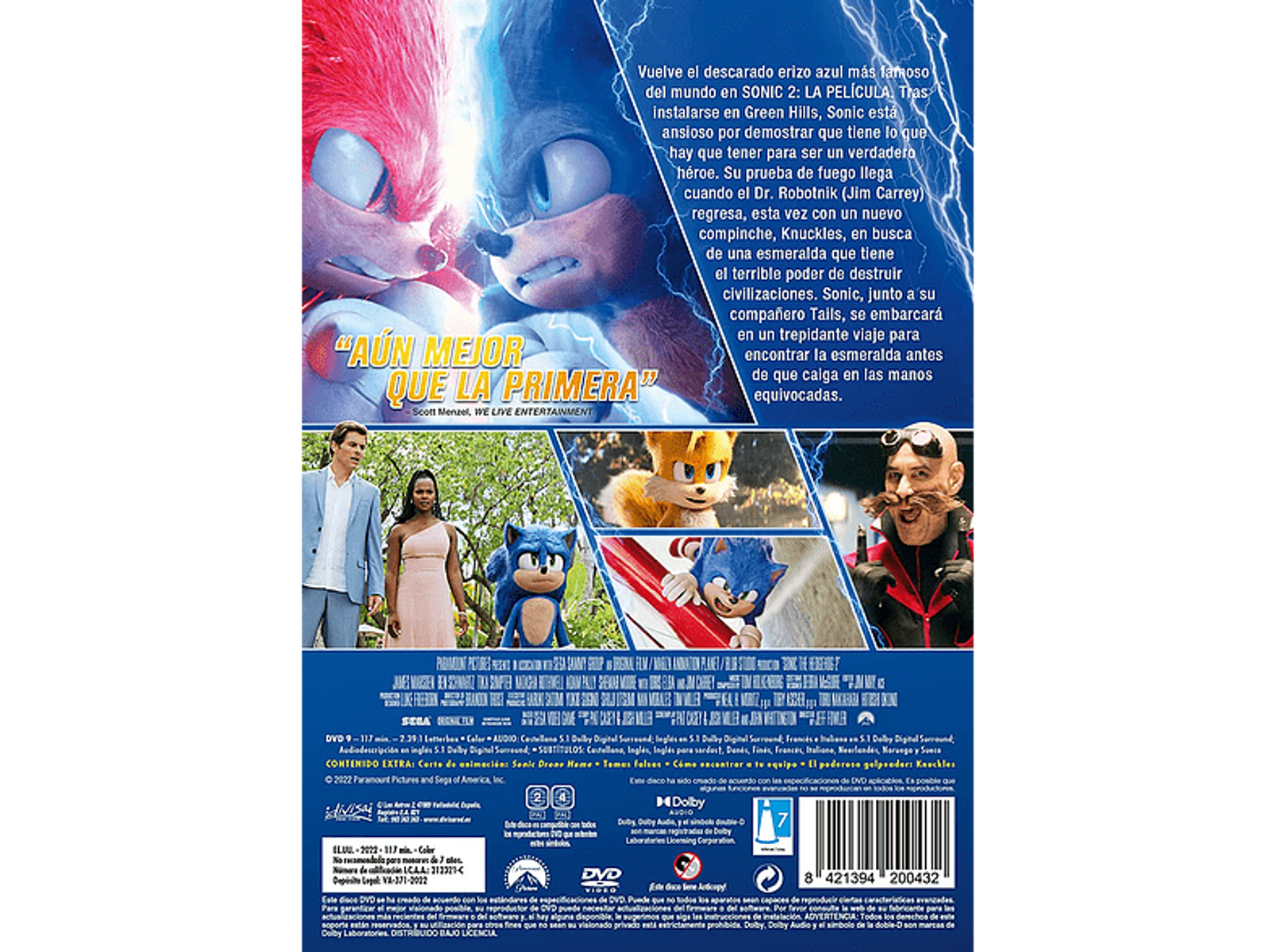 Portada de DVD de la película Sonic 2. Con personajes, título en español y el logo de DVD.