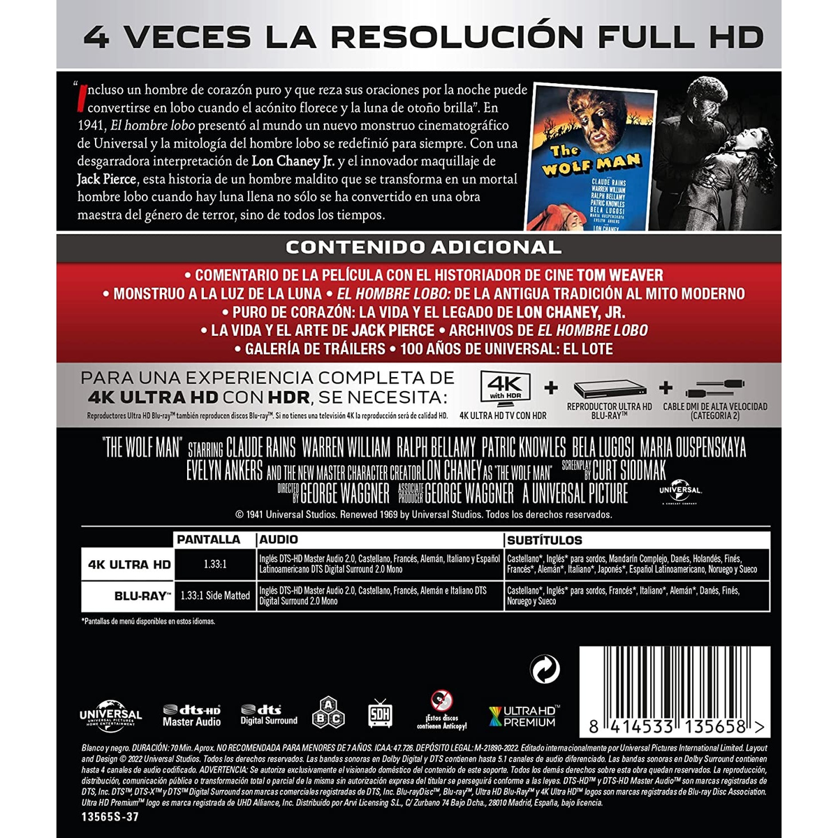 Portada Blu-ray de 'The Wolf Man'. Texto e imágenes de actores. Fondo oscuro. Contenido adicional listado.