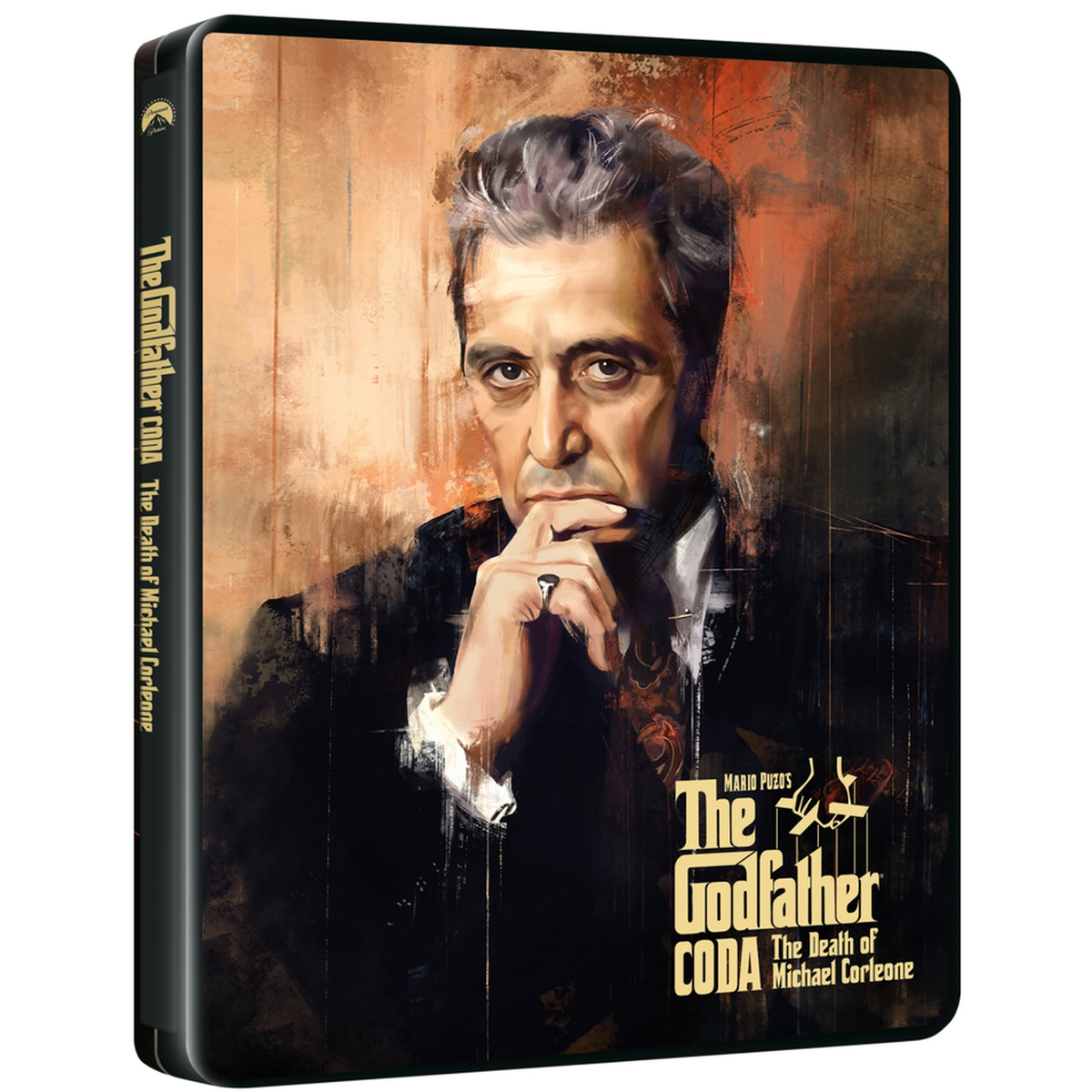 Una caja de DVD de película con una ilustración de un hombre en traje, con el título 'The Godfather'.