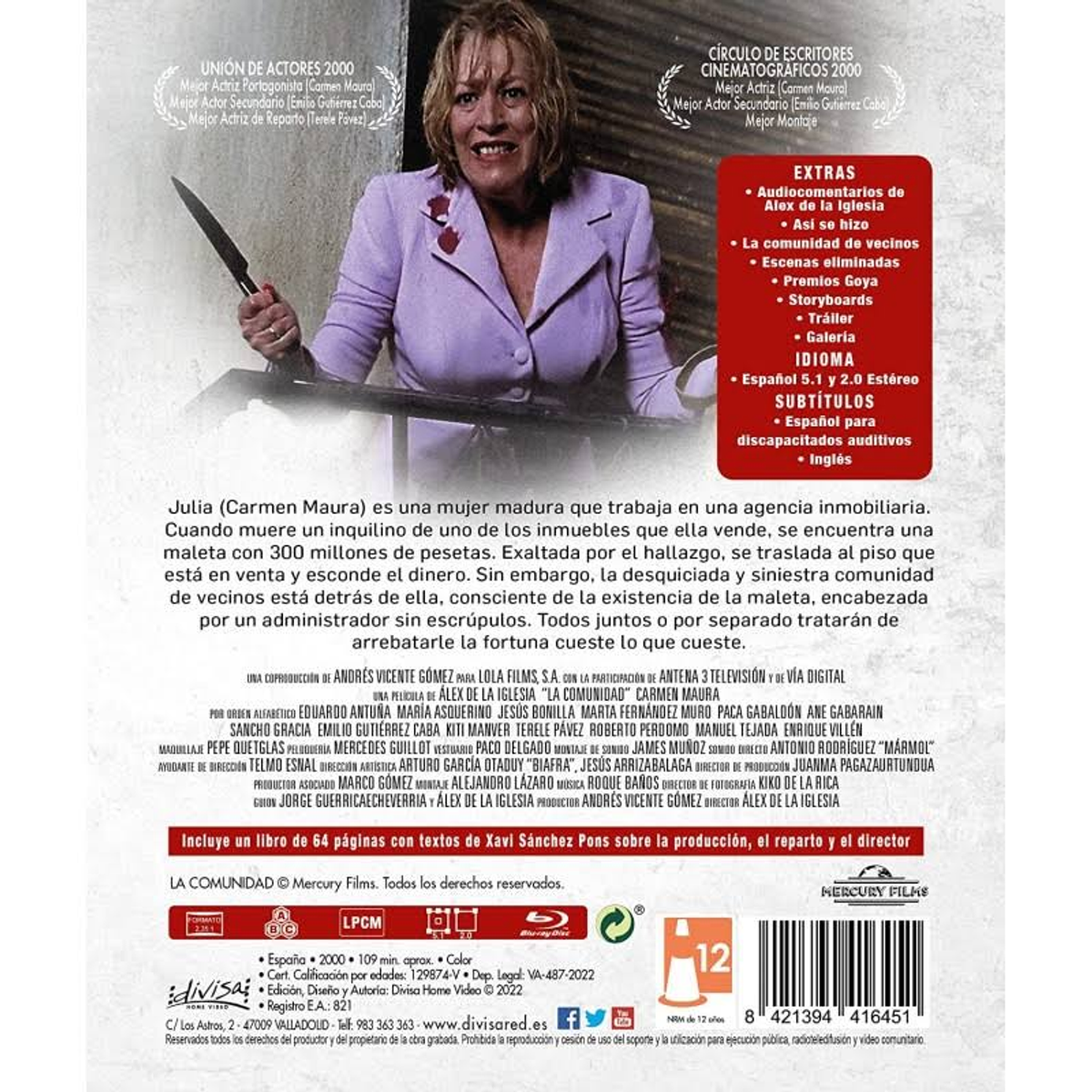 Mujer sosteniendo un cuchillo en la portada de la película. Texto en español, detalles y premios.