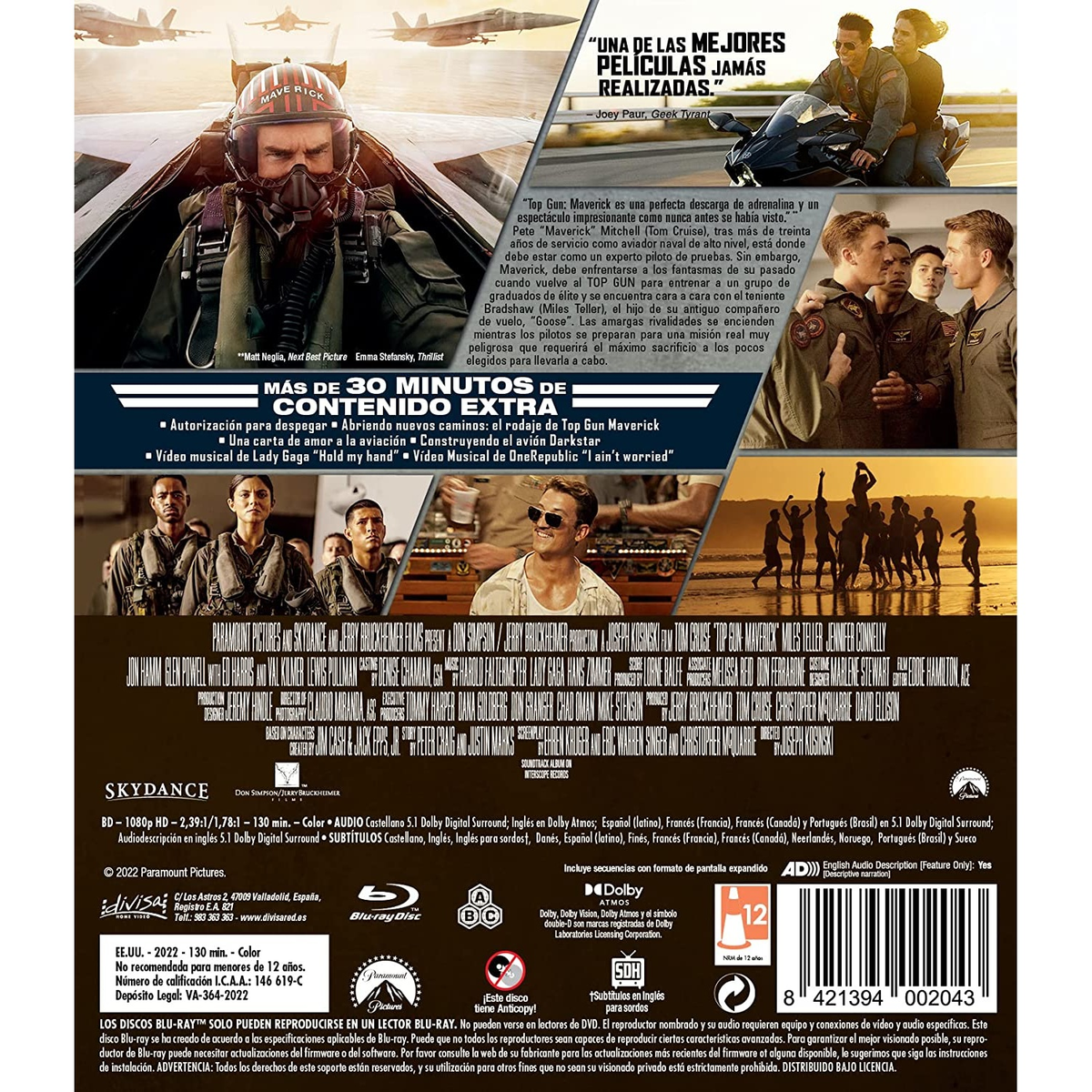 Contraportada de la caja Blu-ray de Top Gun: Maverick con imágenes de la película y texto en español.