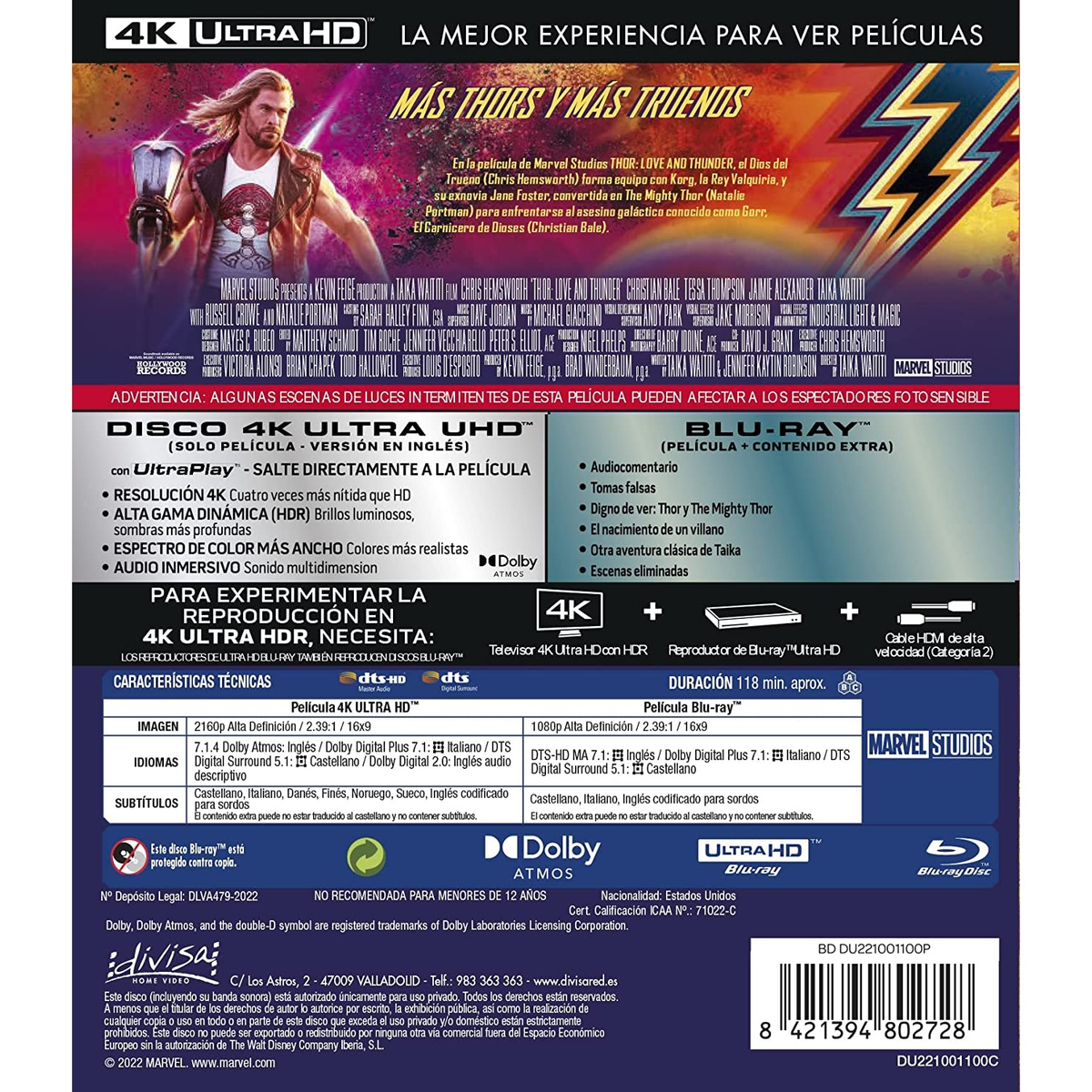 Parte trasera de la caja Blu-ray: 'Thor: Love and Thunder' en español. Texto e imágenes.