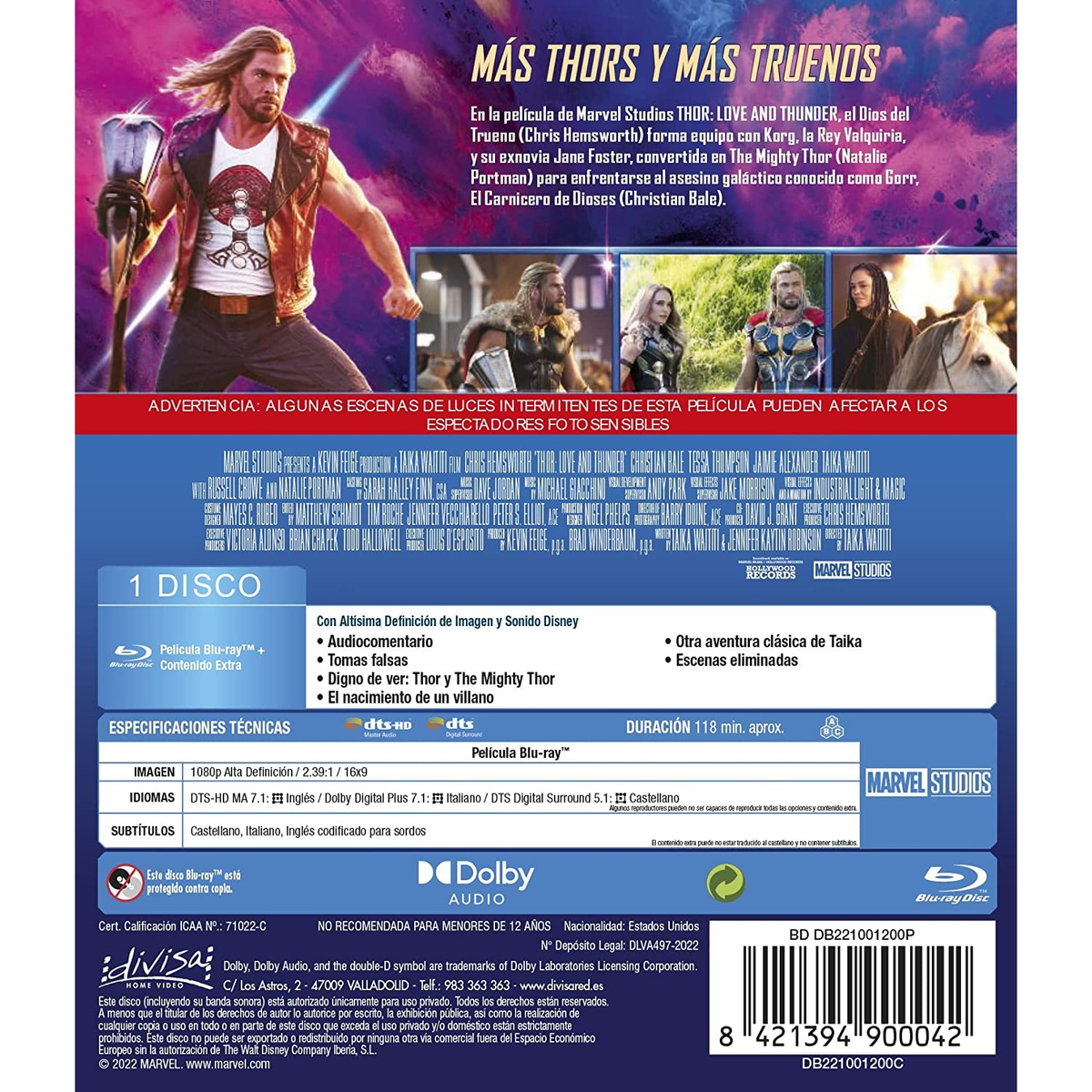 Contraportada de una caja de DVD en español, con texto y logotipos, incluido el logotipo de Marvel Studios.