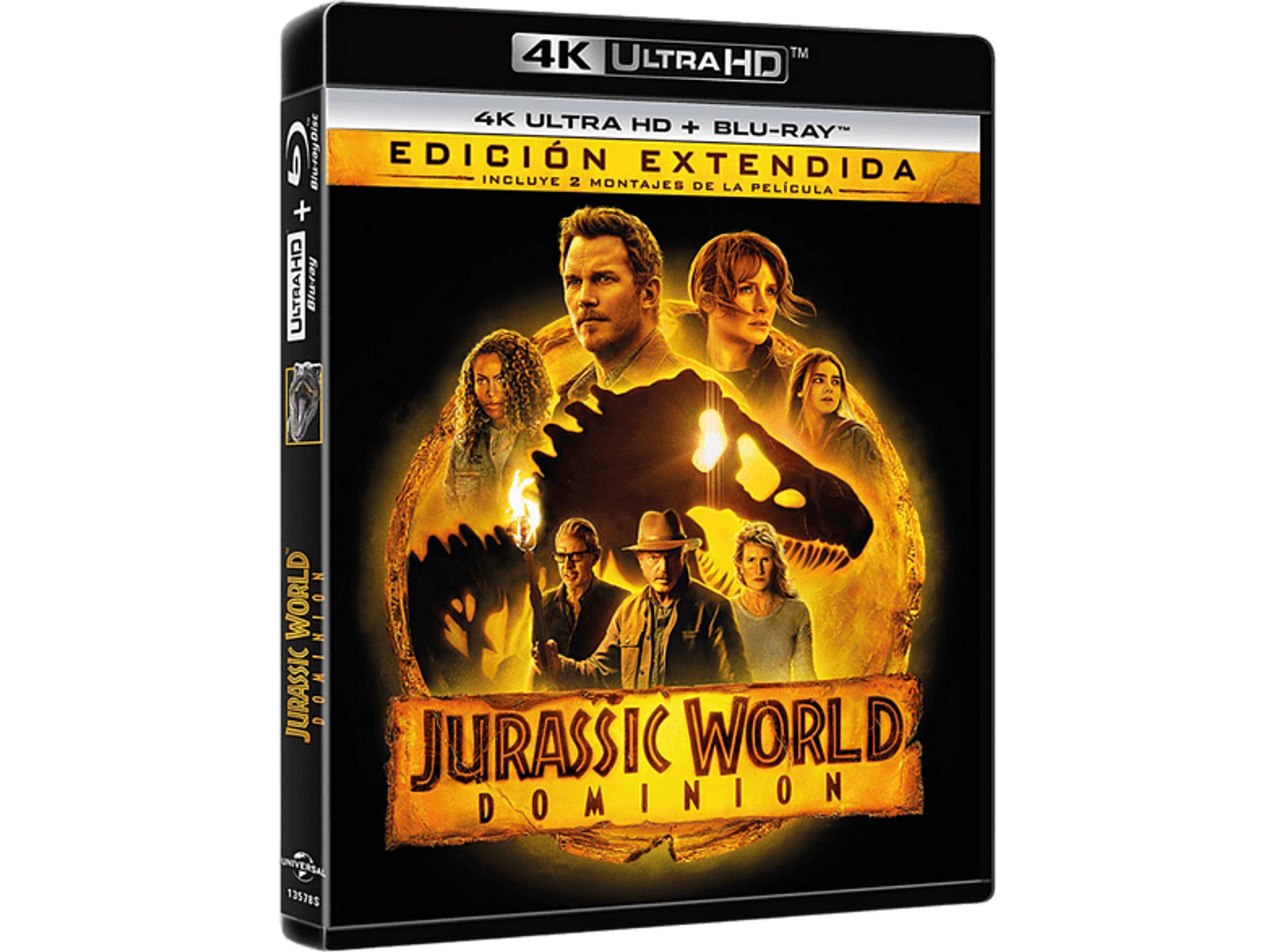 Caja de DVD de la película 'Jurassic World: Dominion'. Presenta el elenco y el título sobre un fondo oscuro.