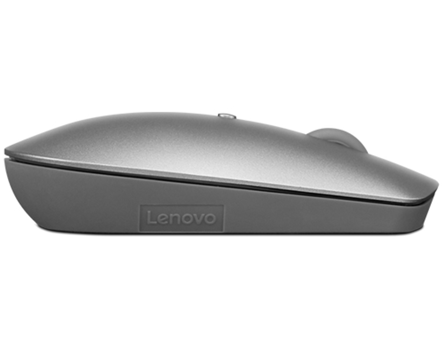 Widok z boku szarej myszy Lenovo. Gładka i ma subtelne logo Lenovo.