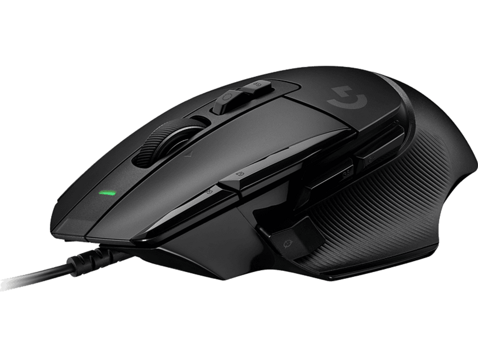 Czarna mysz do gier. Kilka przycisków, kółko i kabel. Czarny i szary, białe tło.