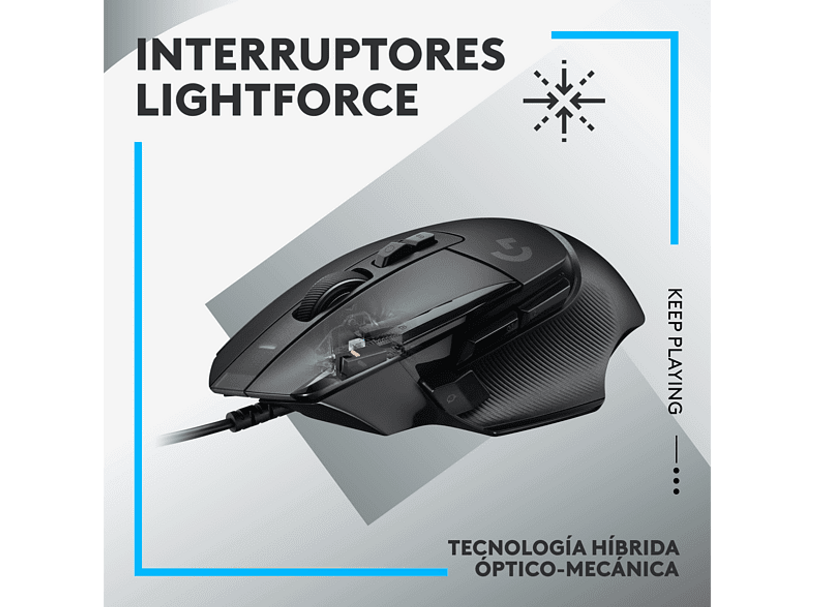 Czarna mysz gamingowa z tekstem, logo i przezroczystym kółkiem.