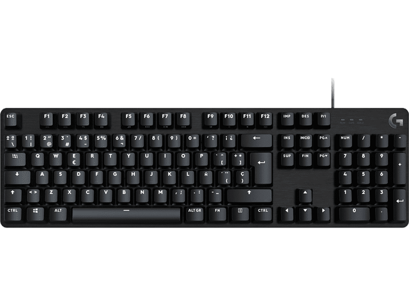 Czarna klawiatura, widok z góry. Białe litery i cyfry. Tło jest czarne. Marka Logitech.