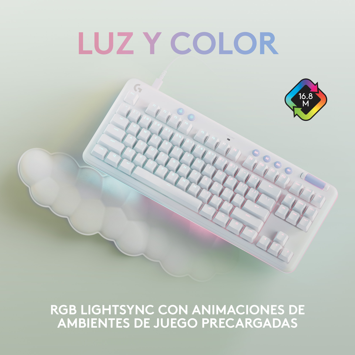 Weiße Tastatur mit RGB-Beleuchtung. Das Wort LUZ Y COLOR steht oben, 16,8 M oben rechts.
