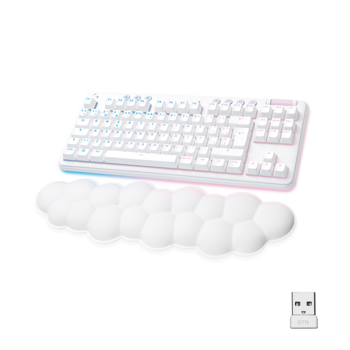 Biała klawiatura z podkładką pod nadgarstek w kształcie chmury i odbiornikiem USB.