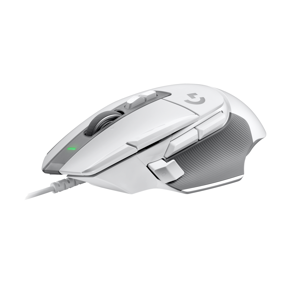 Biała mysz dla graczy z szarymi akcentami i kablem. Mysz ma wiele przycisków i kółko przewijania.