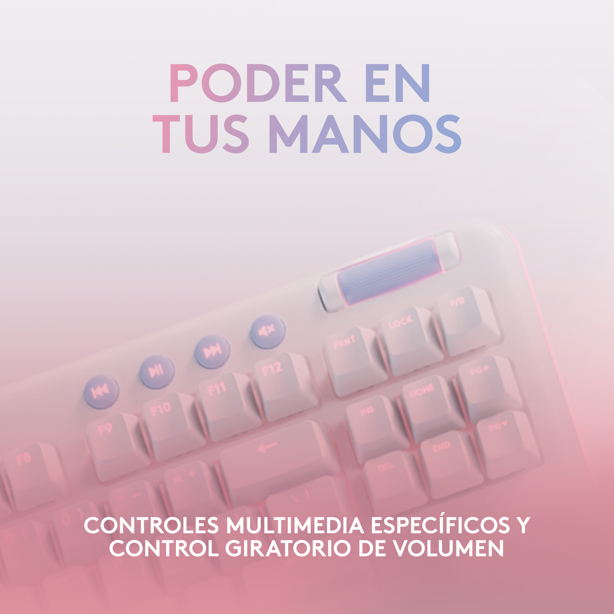 Weiße Tastatur mit rosa Akzenten und Multimedia-Bedienelementen. Text 'POWER IN YOUR HANDS' oben.