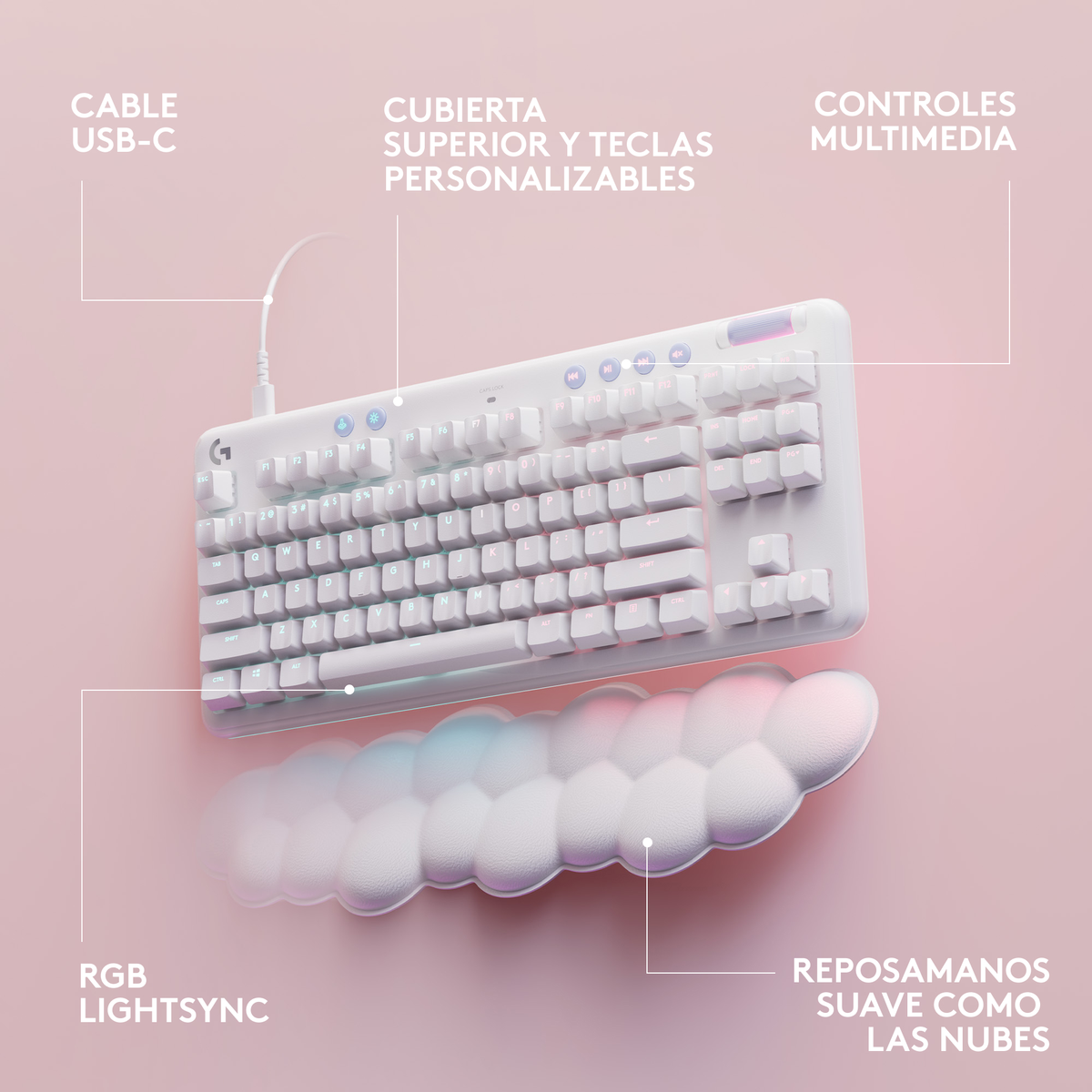 Weiße Gaming-Tastatur mit wolkenförmiger Handgelenkauflage. Highlights sind USB-C und RGB.