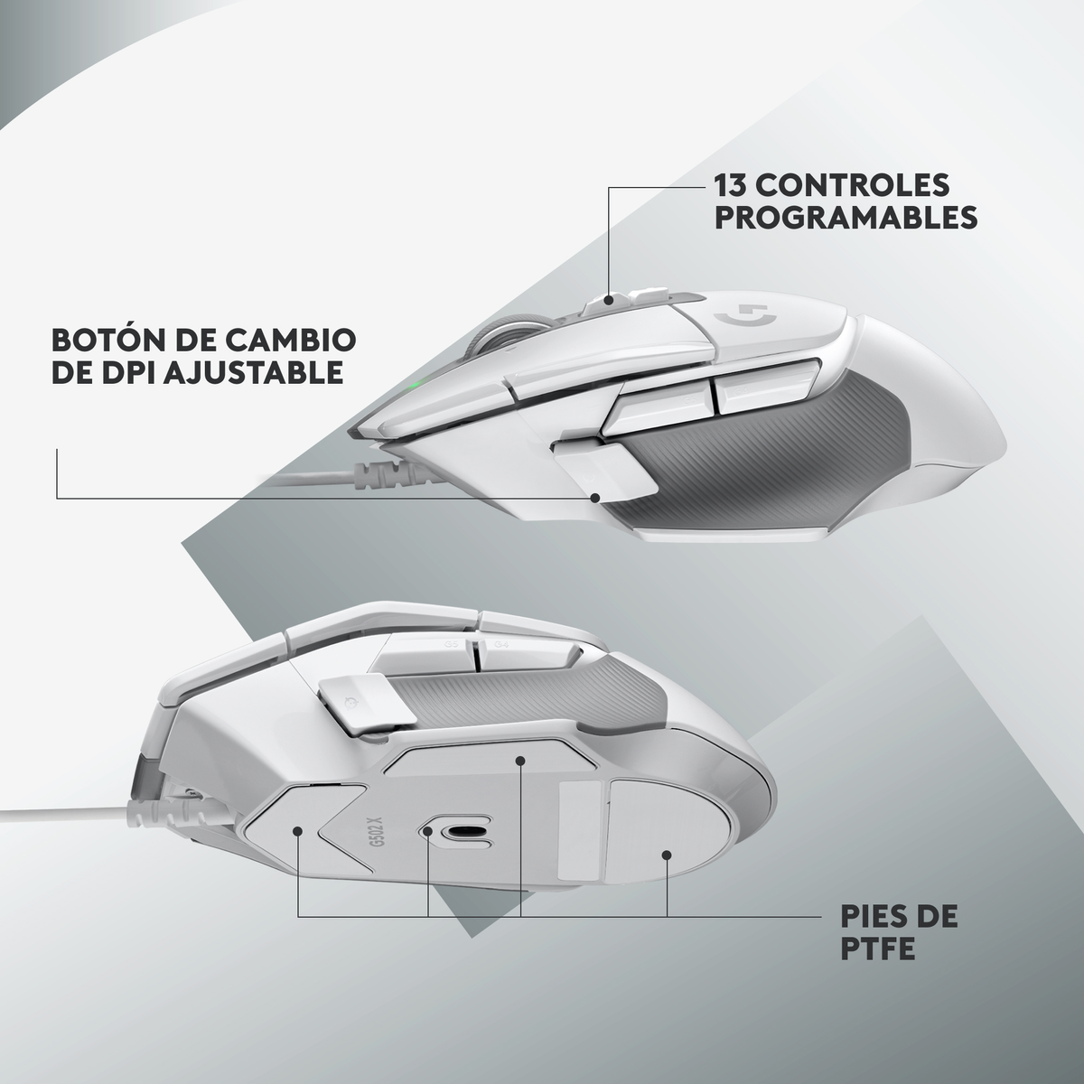 Biała mysz do gier na szarej powierzchni. Tekst identyfikuje programowalne przyciski.