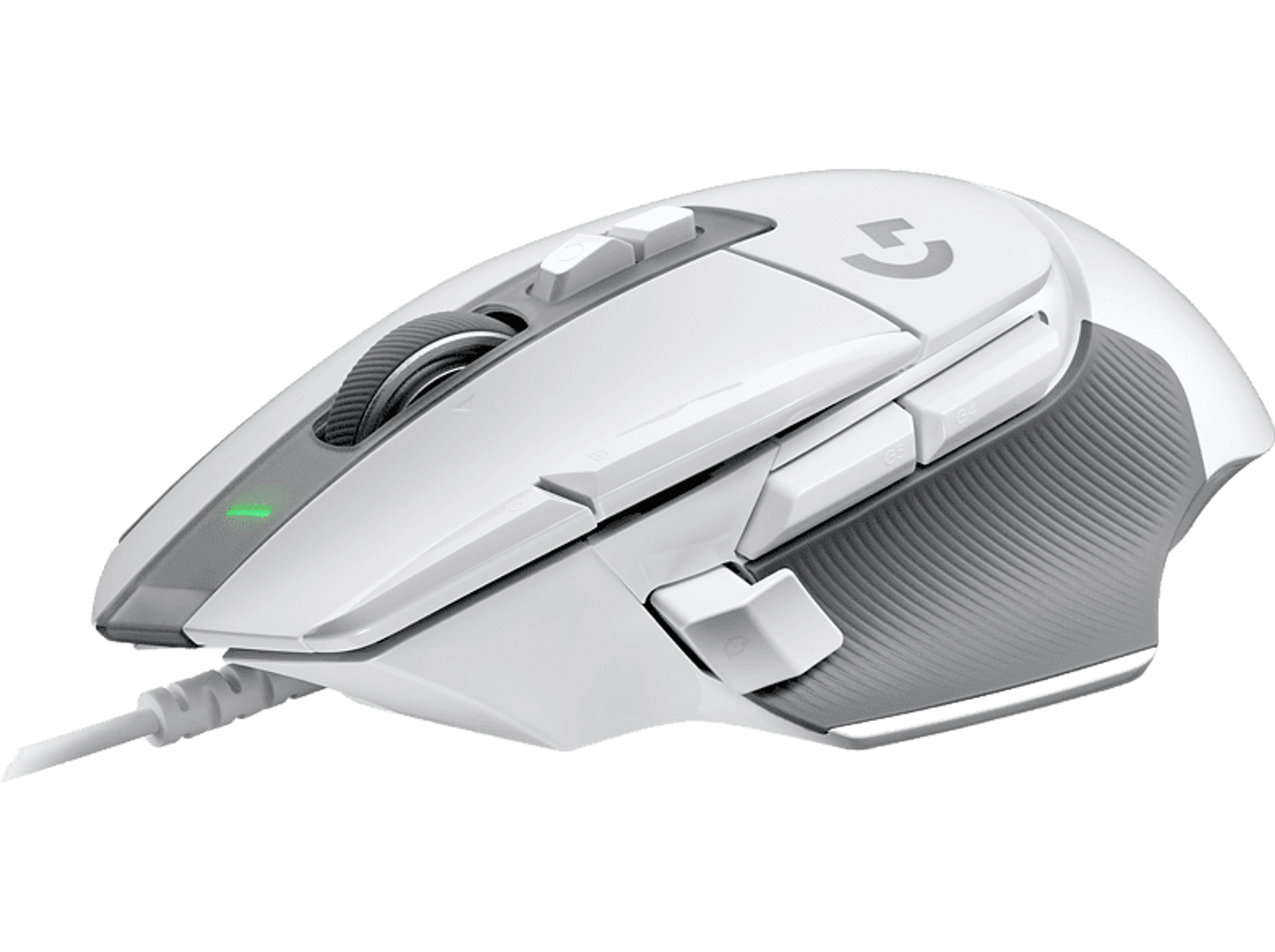 Biała mysz do gier z szarymi akcentami i kilkoma przyciskami. Mysz ma zielone światło.