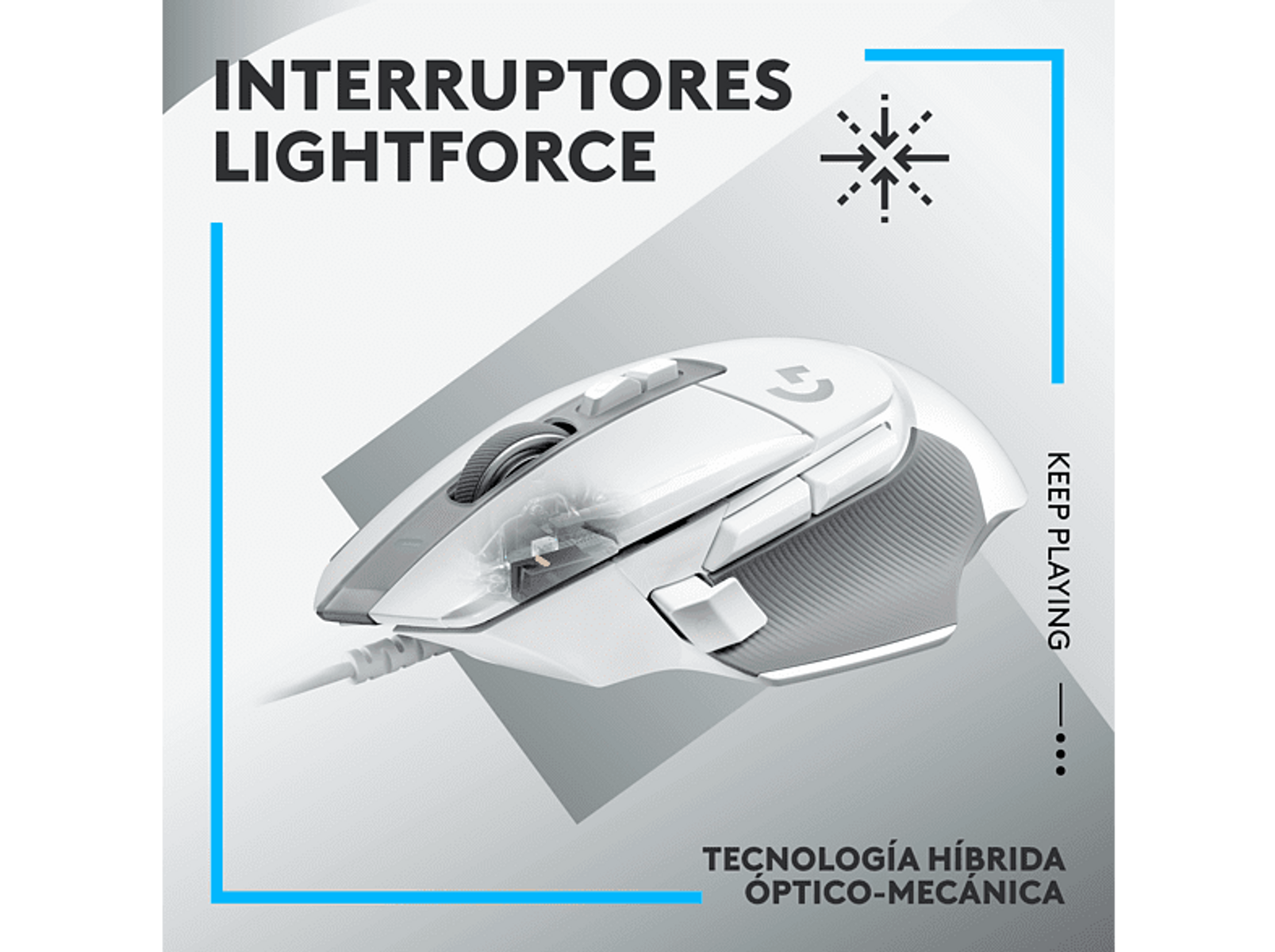 Biała mysz do gier z czarnym bokiem, białym tekstem i logo. Niebieskie tło z białymi akcentami.