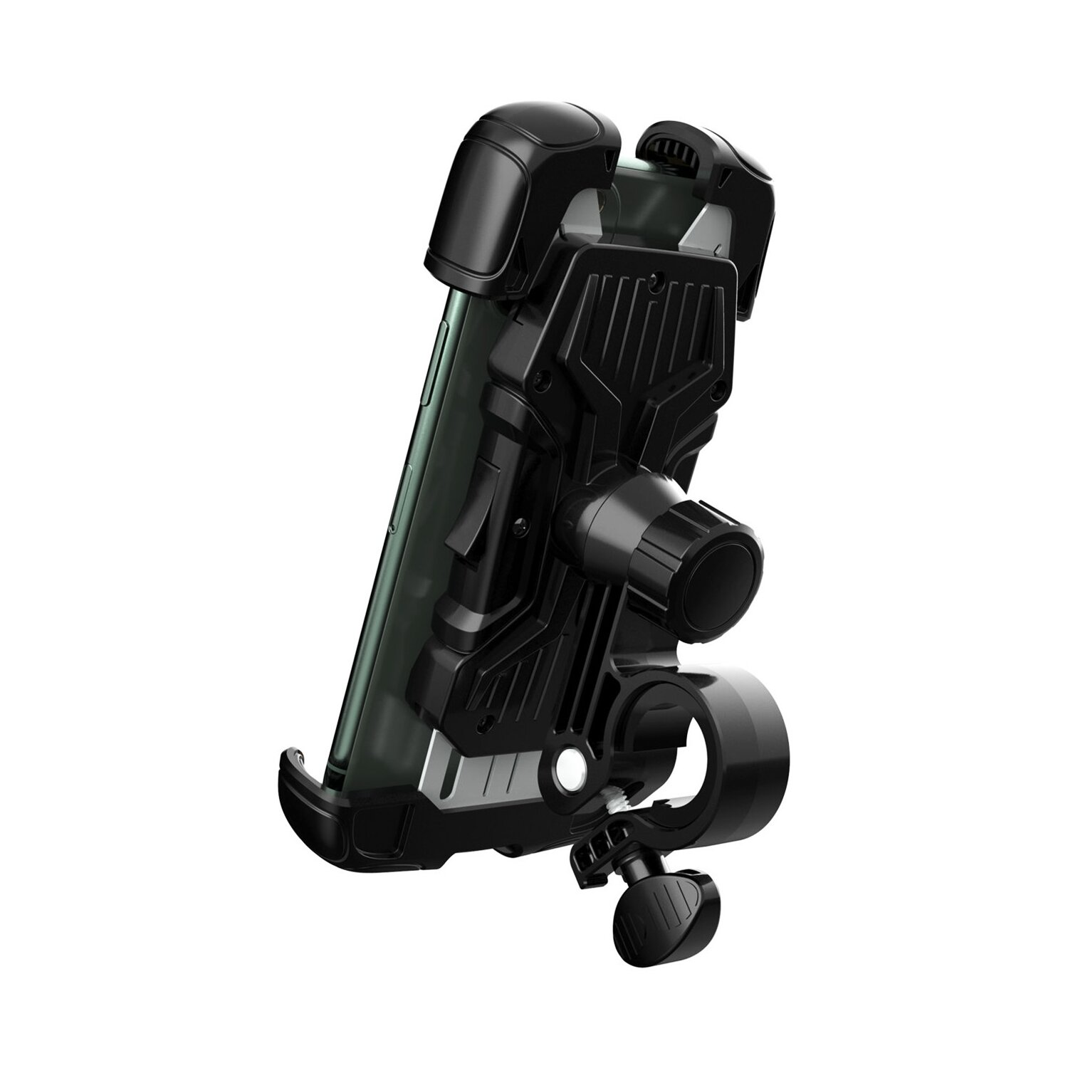 Schwarzer Telefonhalter für ein Fahrrad, zeigt das Telefon an seinem Platz. Er hat eine Klemme.