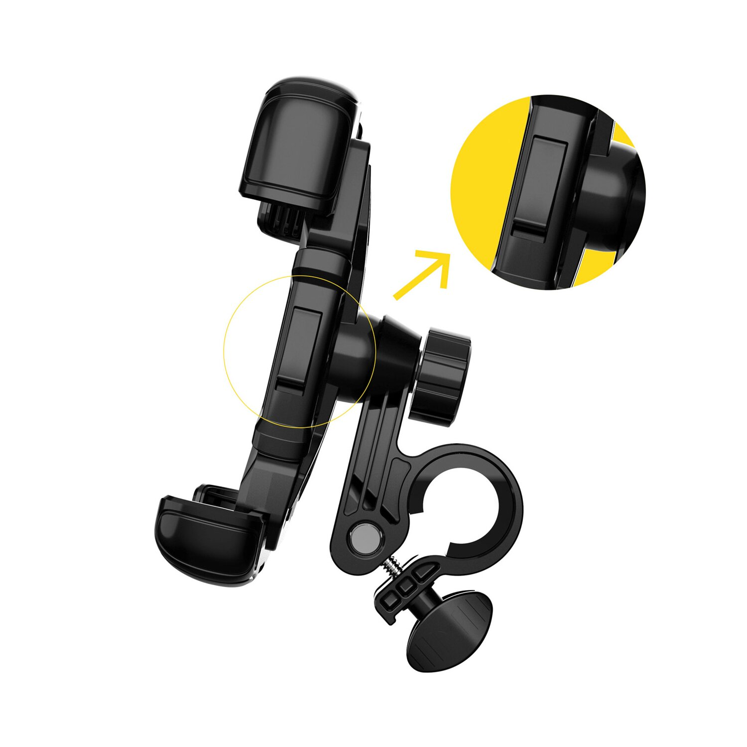Schwarze Telefonhalterung für ein Fahrrad, mit Nahaufnahme von Einstellungsdetails.