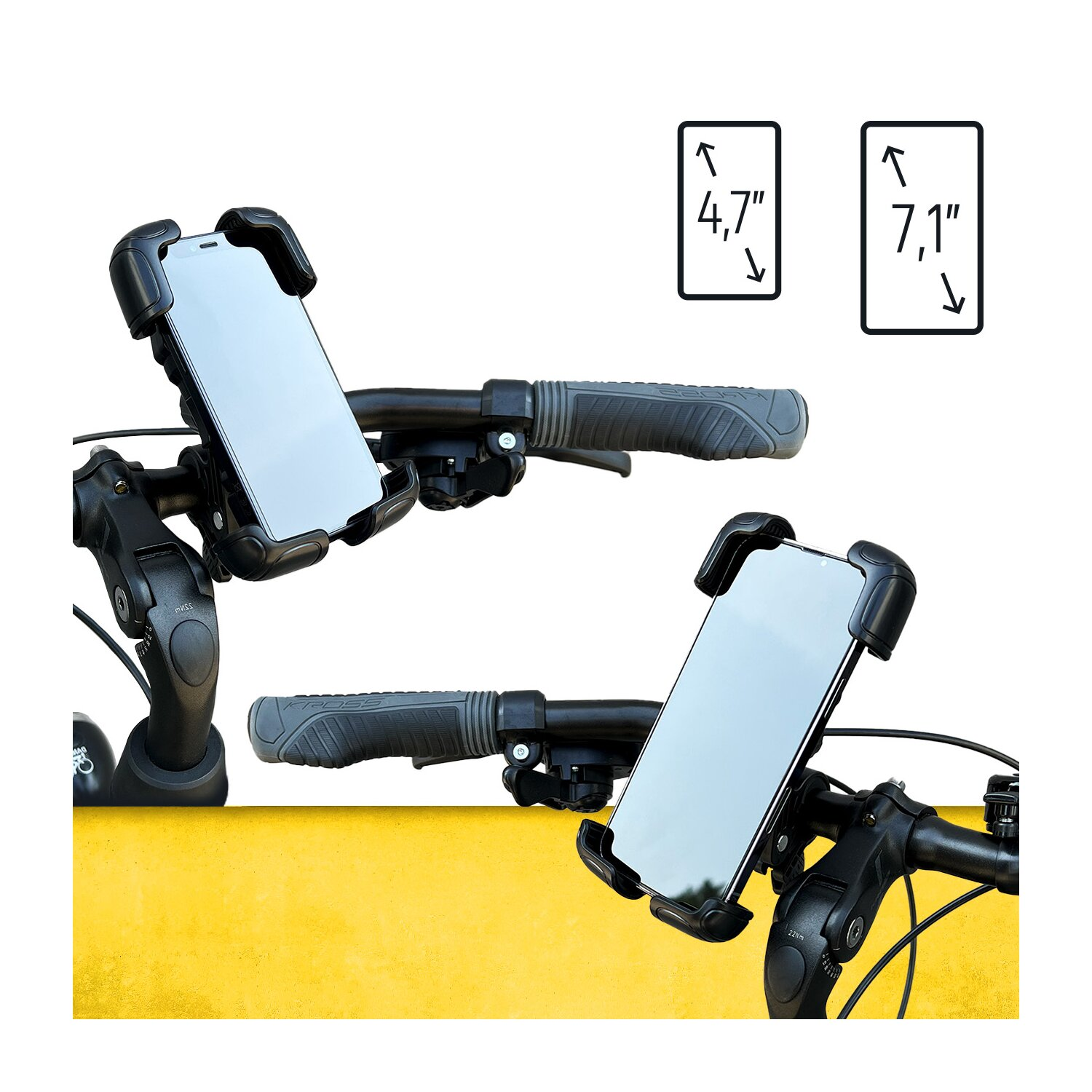Telefonhalter am Fahrradlenker mit Telefon. Zeigt die Größen 4,7" und 7,1".