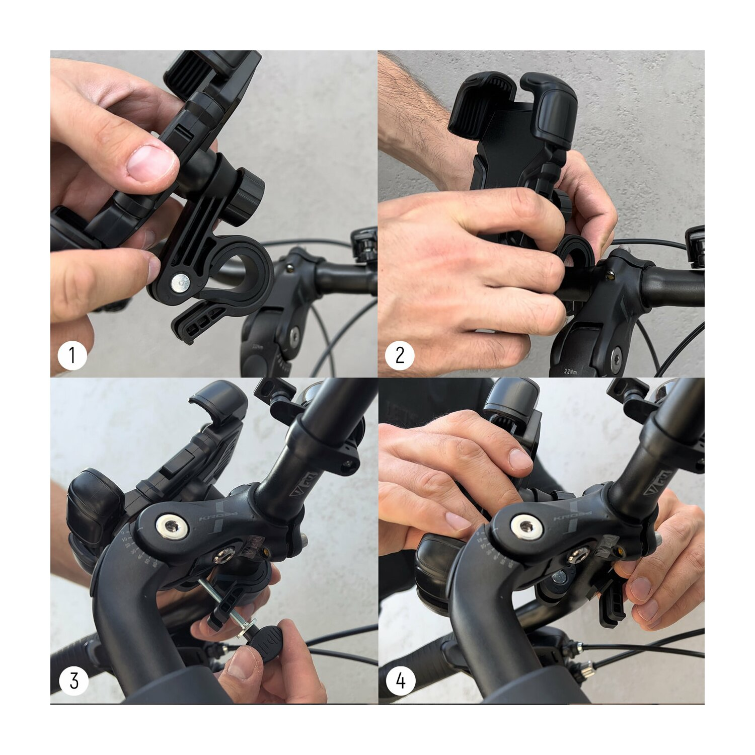 Vier Bilder, die zeigen, wie eine Fahrrad-Telefonhalterung an einem Fahrradlenker montiert wird.