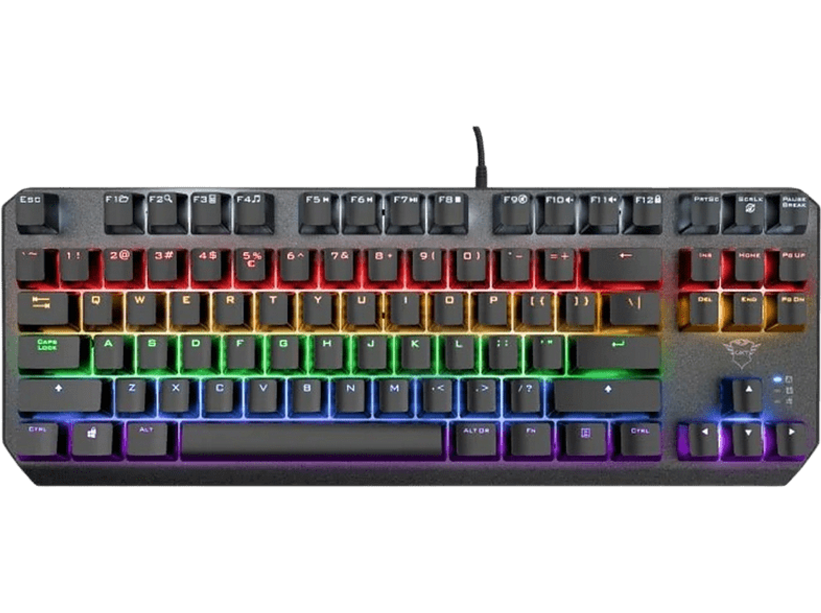 Klawiatura do gier z wielokolorowymi klawiszami, skierowana w górę na czarnym tle.