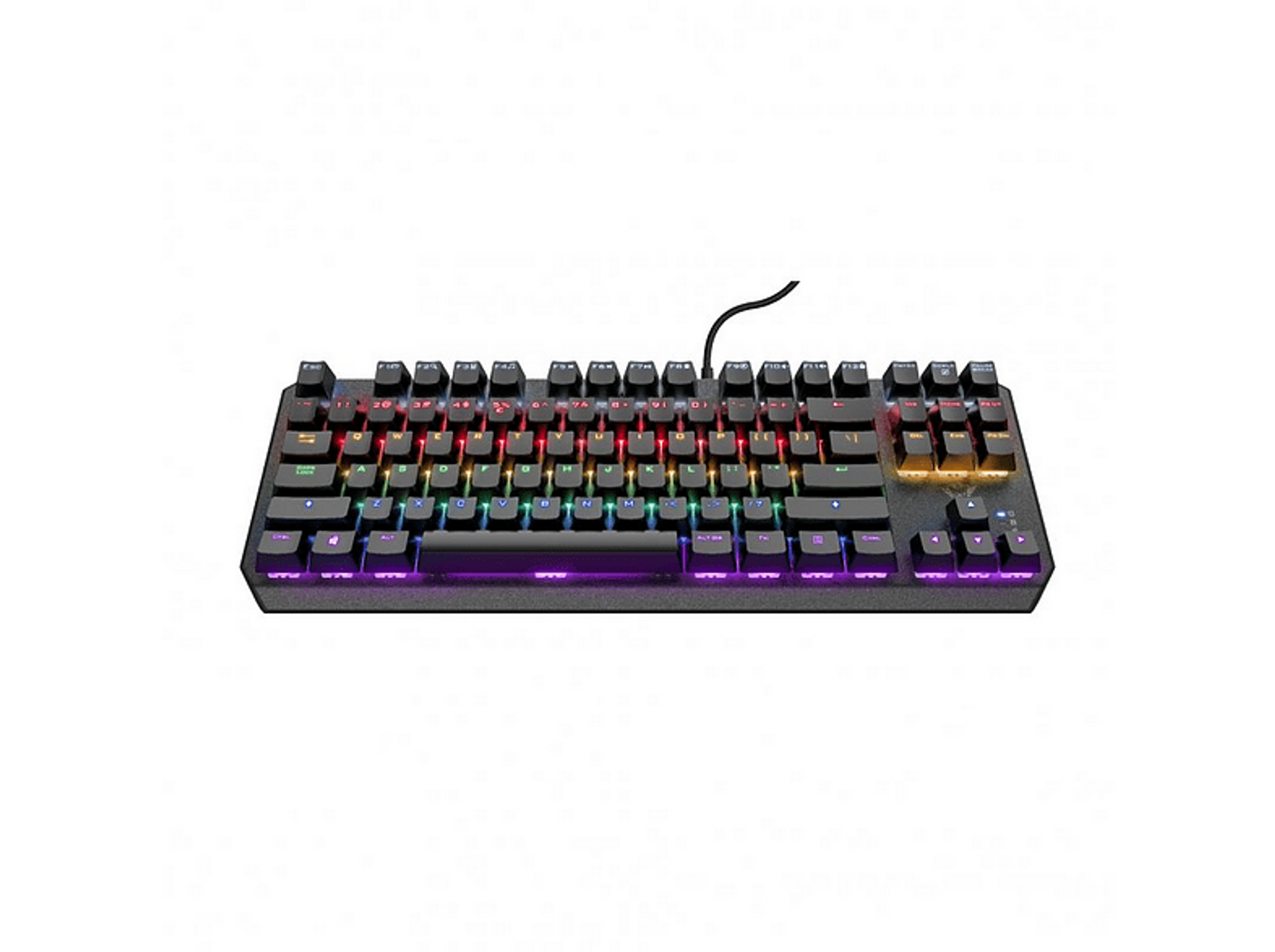 Czarna klawiatura do gier z kolorowymi diodami LED. Ma wiele klawiszy i połączenie przewodowe.