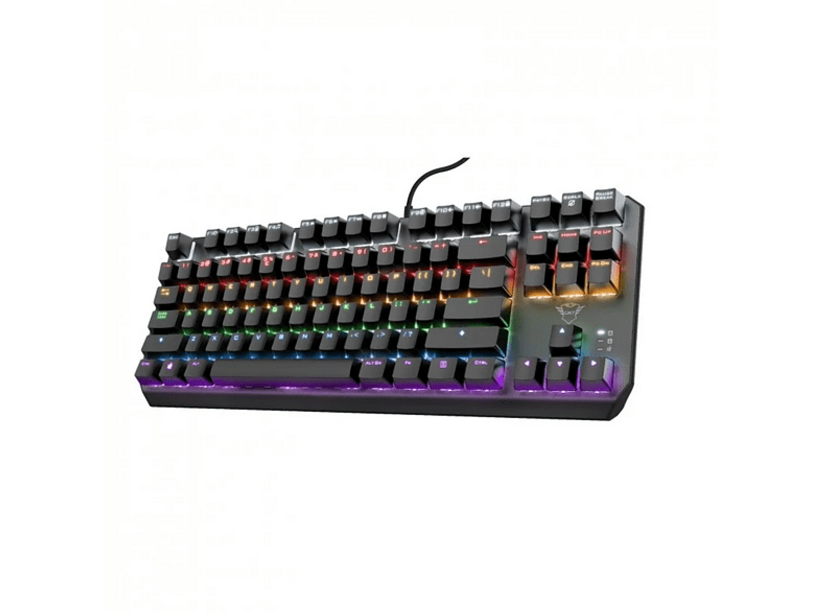 Czarna klawiatura mechaniczna z kolorowymi światłami. Klawisze są podświetlone, widać kabel.