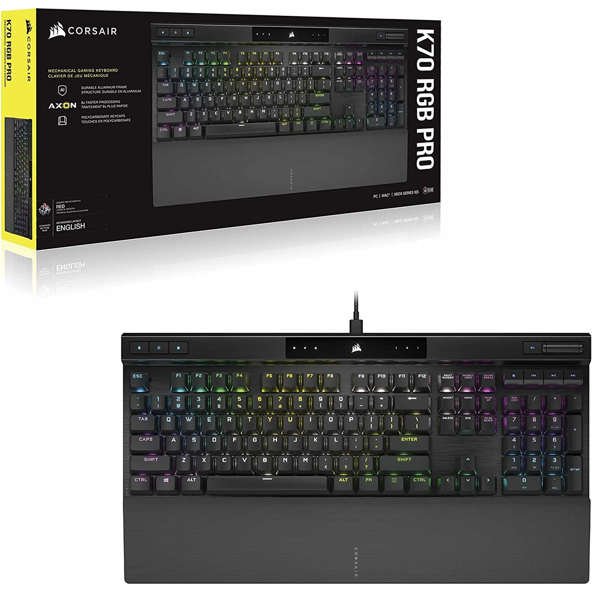 Czarna klawiatura Corsair K70 RGB Pro z podświetlanymi na tęczowo klawiszami i pudełko ze zdjęciem klawiatury.