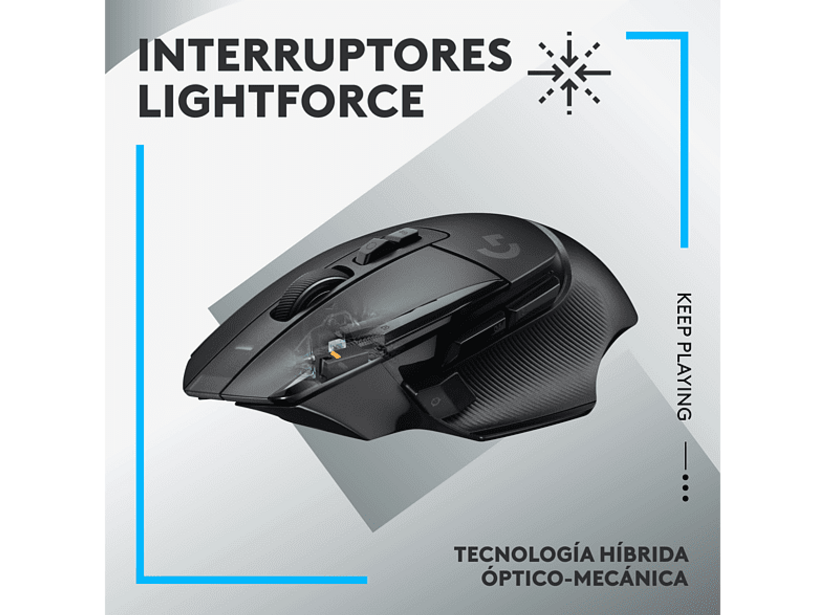 Czarna mysz gamingowa z tekstem 'LIGHTFORCE' i 'KEEP PLAYING' na białym tle.