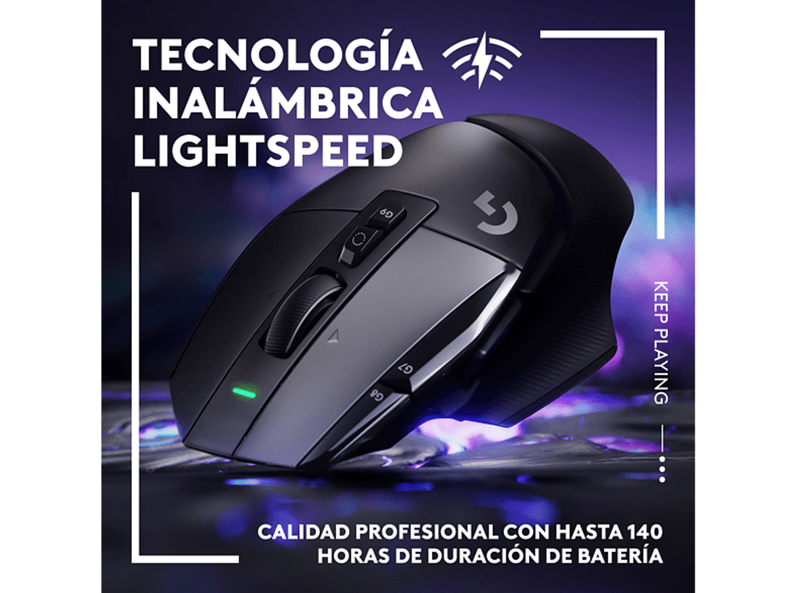 Czarna bezprzewodowa mysz do gier Logitech z tekstem, na ciemnej powierzchni.