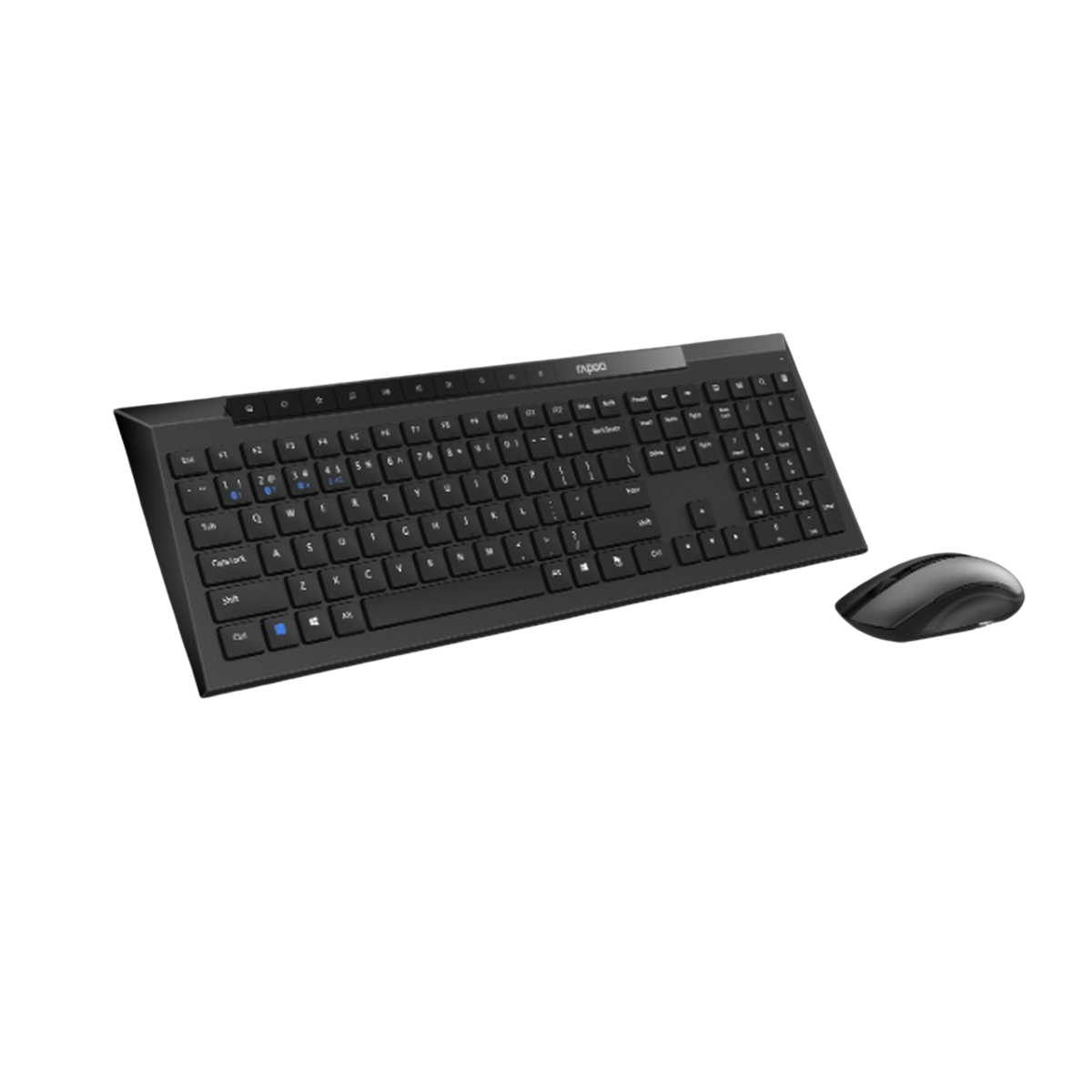 Czarny zestaw klawiatura i mysz na ciemnym tle.