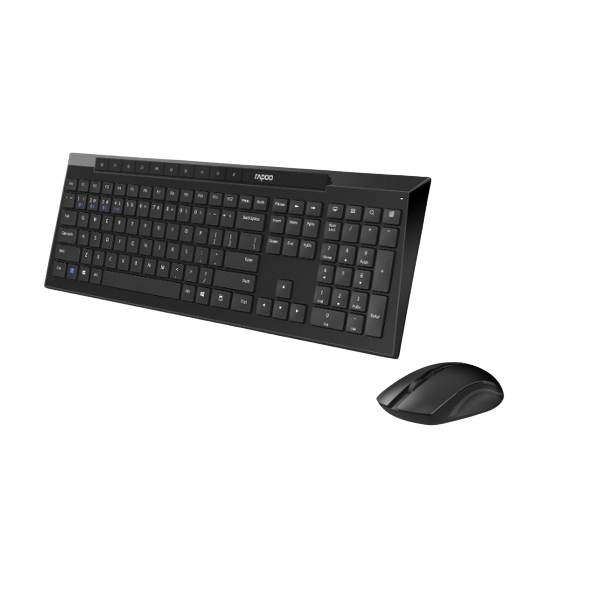 Czarny zestaw klawiatury i myszy Rapoo, widok z góry, na czarnej powierzchni.