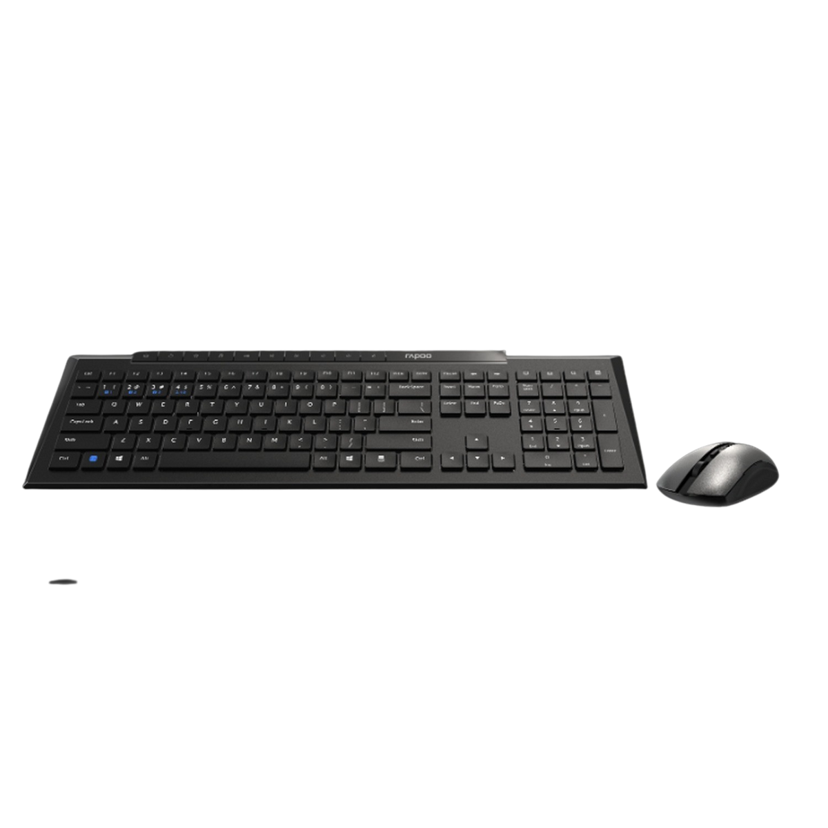 Czarna klawiatura i mysz na czarnym tle. Klawiatura ma białe litery.