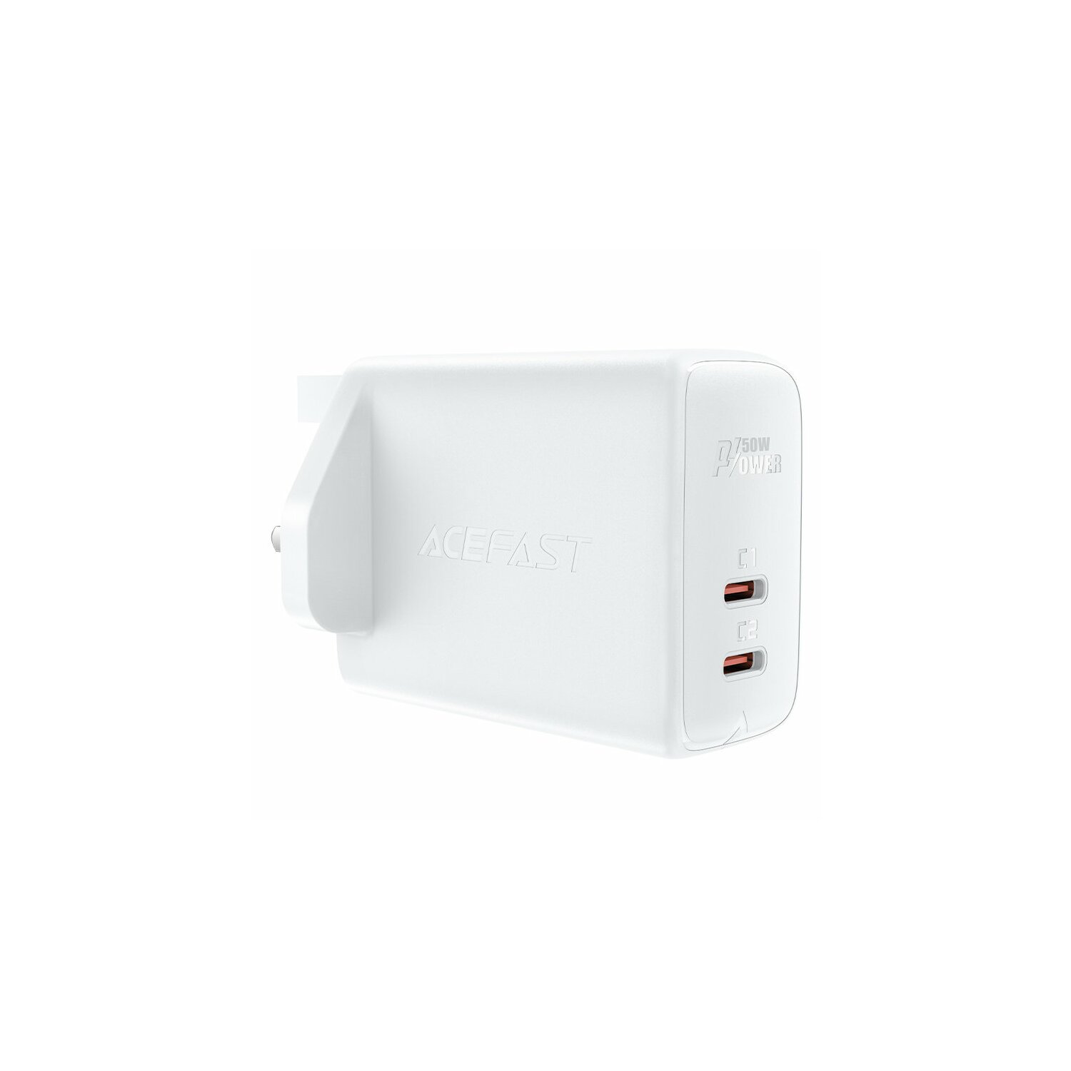 Weißes Acefast-Wandladegerät mit zwei USB-Anschlüssen. Das Ladegerät hat einen Stecker und den Text 50W Power.