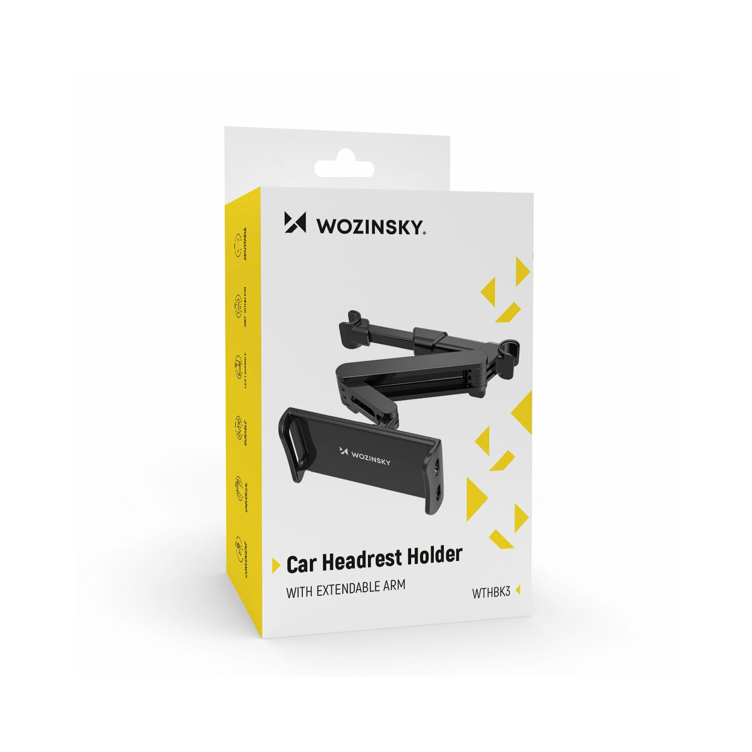 Eine Produktbox für eine Kopfstützenhalterung für das Auto. Der Halter ist schwarz. Die Box ist gelb und weiß mit Branding.