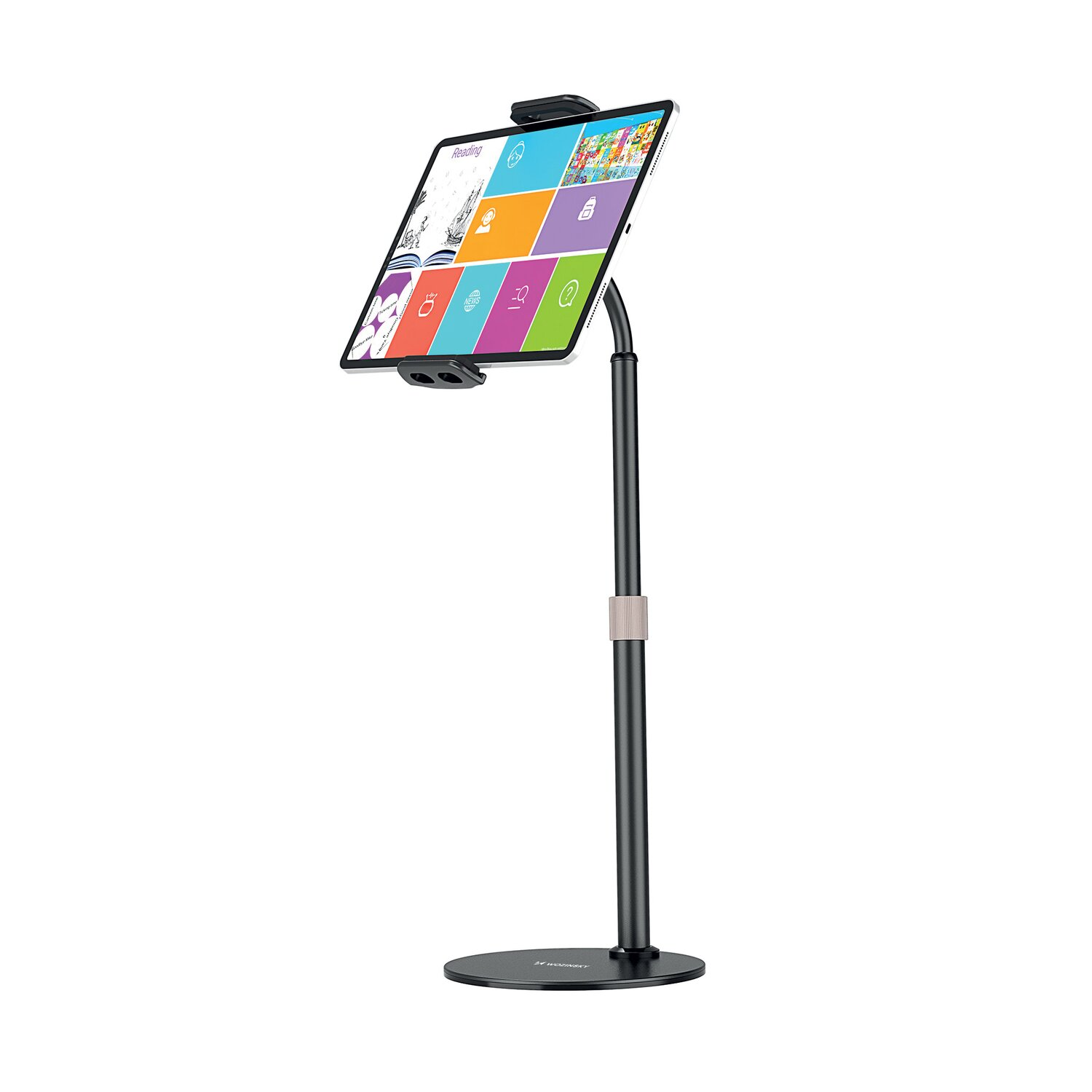 Tablet auf einem Ständer, der eine farbenfrohe Lese-App zeigt.