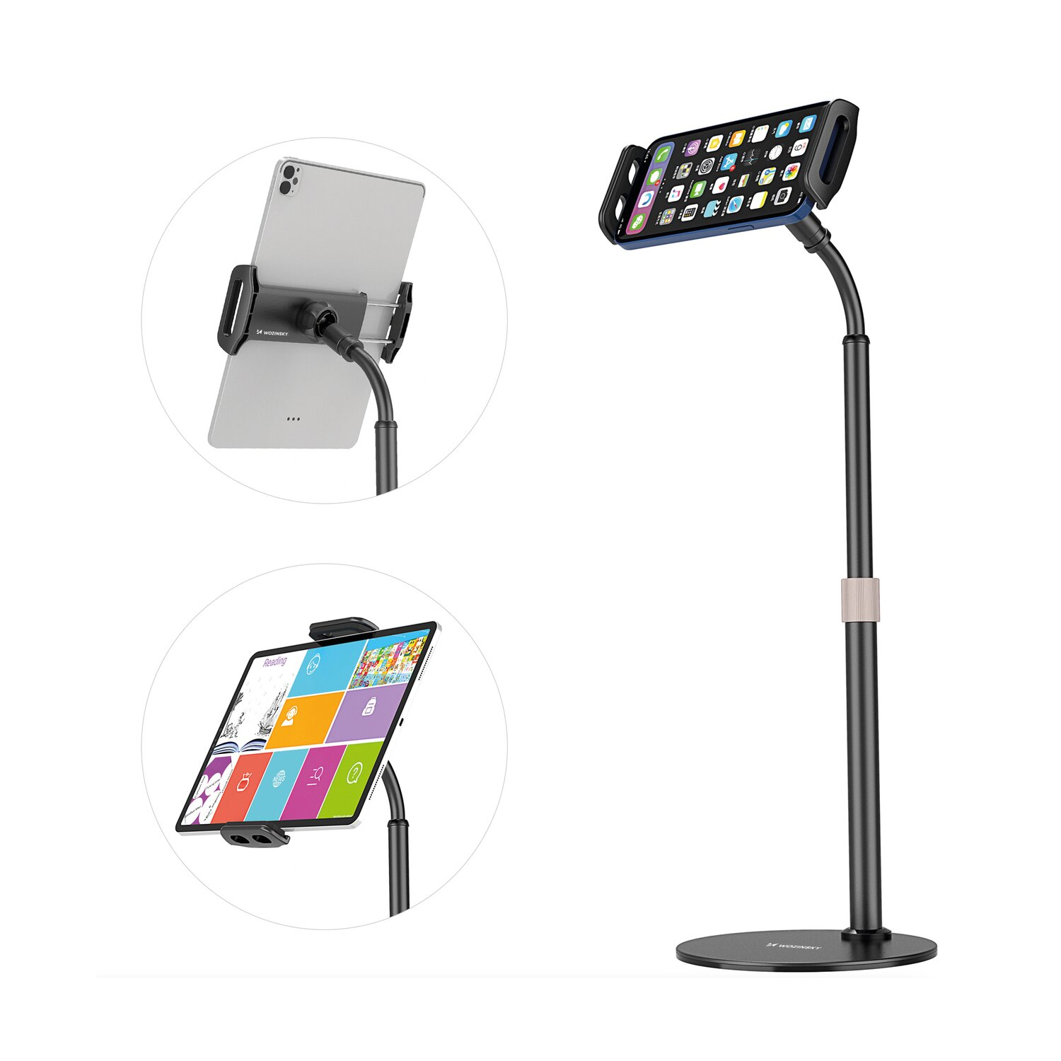 Tablet- und Telefonständer. Tablet mit Halterung. Telefon mit Halterung. Weißer Hintergrund.